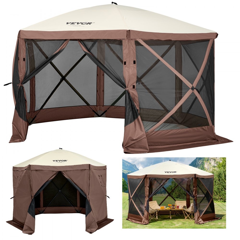 Special Offer Camping Gazebo Screen Tent, 12*12ft, 6 Sided Pop-up Canopy Shelter Tent with Mesh Windows, Portable Carry Bag, Stakes, Large Shade Tents for Outdoor Camping