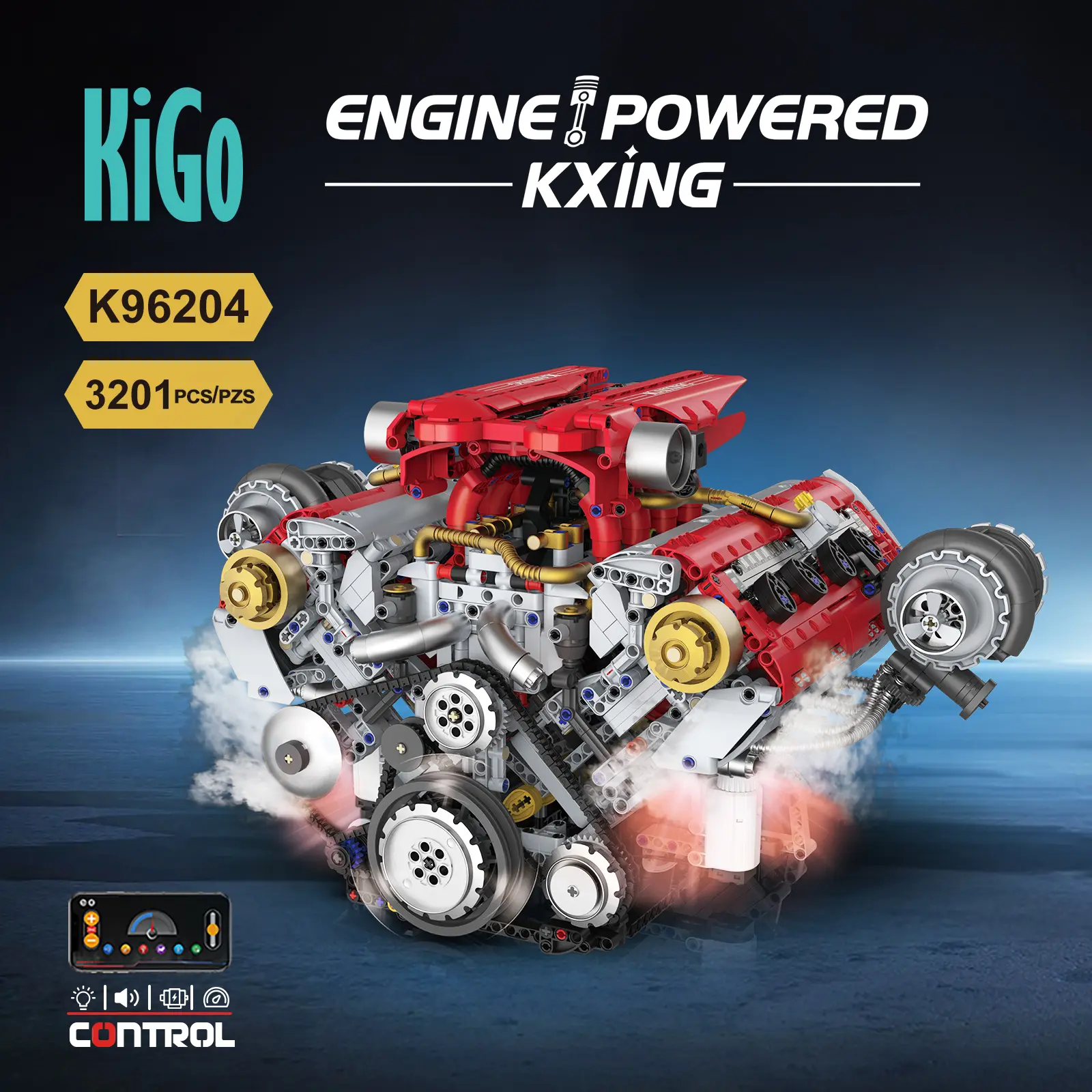 【3160 PCS】Ferrari-Style Motorized V8 Engine Model Building Kit, with APP Control & LED Lights