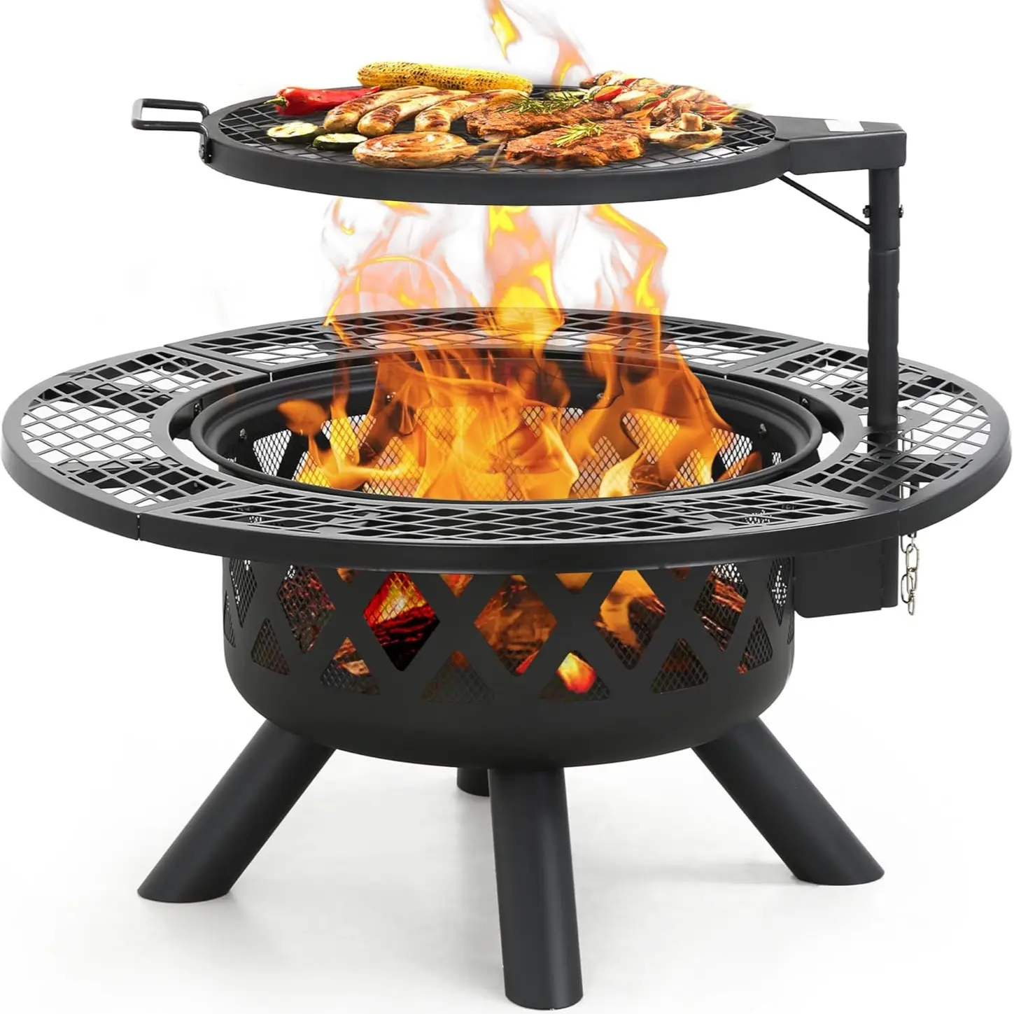 Memorial Day Sales 2-in-1 Wood Burning Fire Pit with Removable Cooking Grill Black Ultra-Durable Iron Grate 360-Degree Rotation Adjustable Height for Heating and BBQ Christmas gift