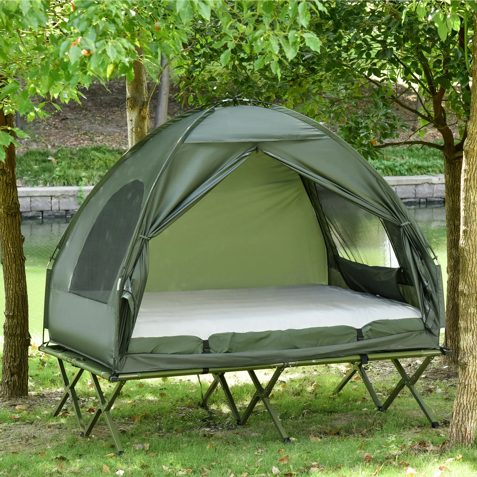 Summervibes 1/2 Person Foldable Camping Cot with Tent, Bedspread, Thick Air Mattress, 4-In-1 Elevated Camping Bed for Outdoor Hiking, Picnic, Travel