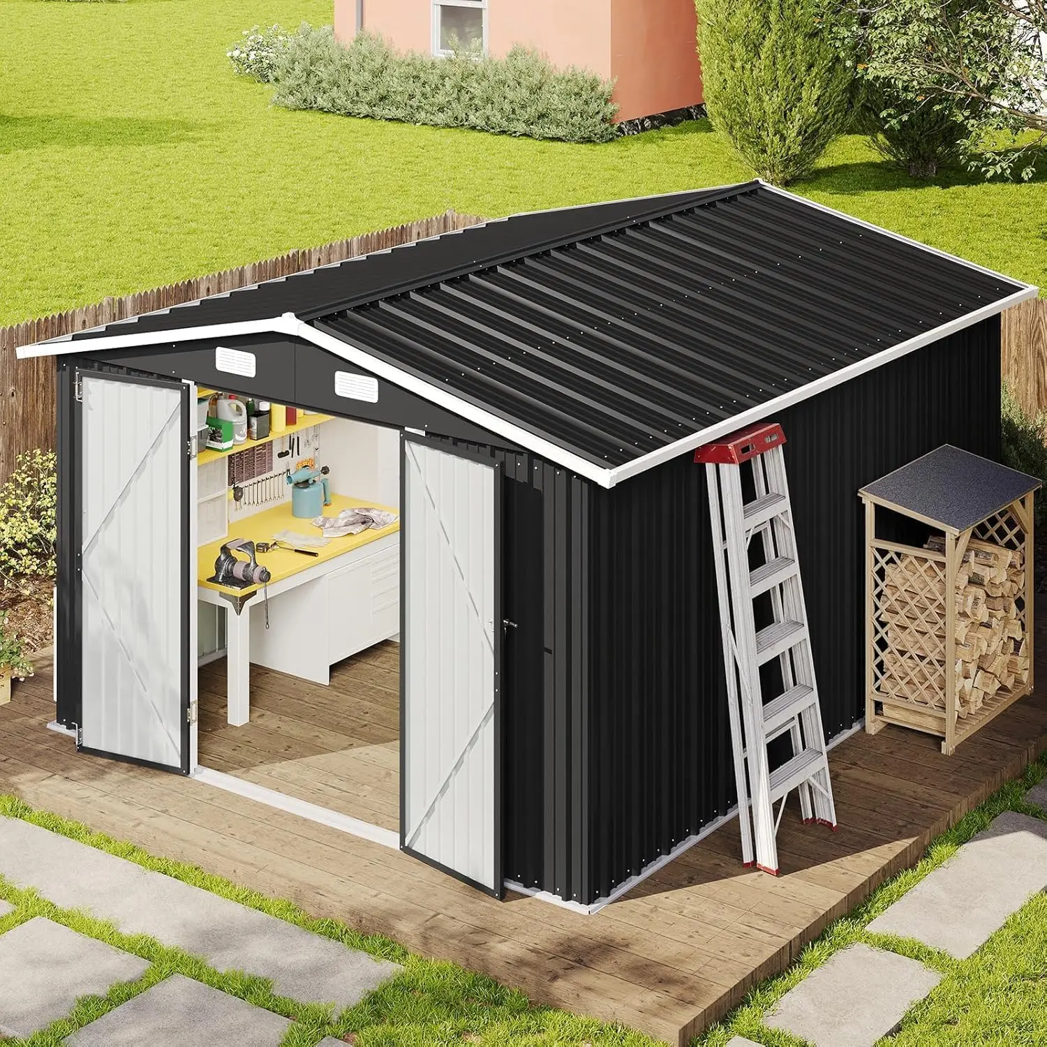 Outdoor Storage Shed Metal Garden Tool Shed with Sloping Roof Lockable Door for Patio Lawn Backyard Black Organizer for Garden Tools & Shelf Organization