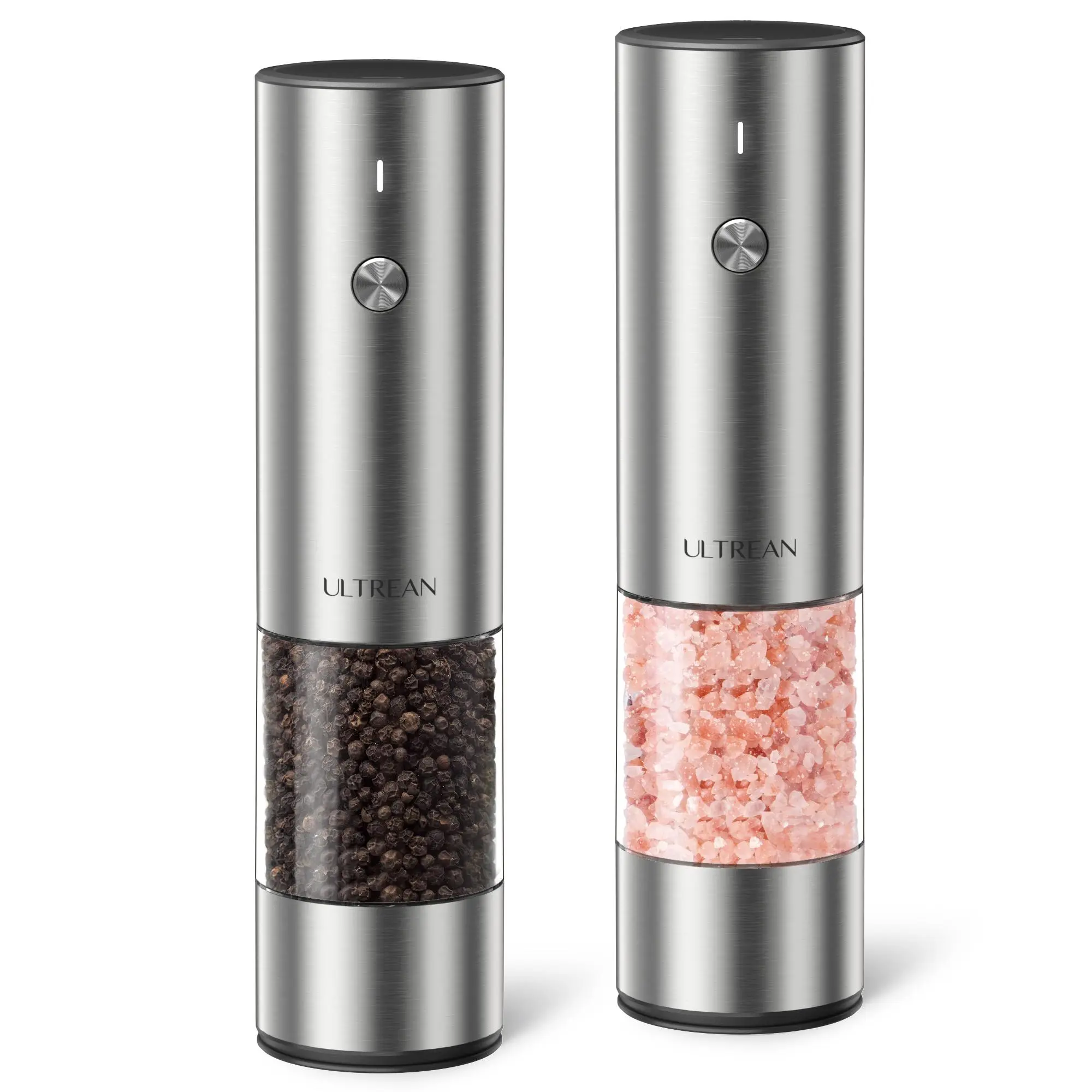 2PCS Rechargeable Salt & Pepper Grinder Set – Adjustable Stainless Steel Grinders with LED One-Hand Operation