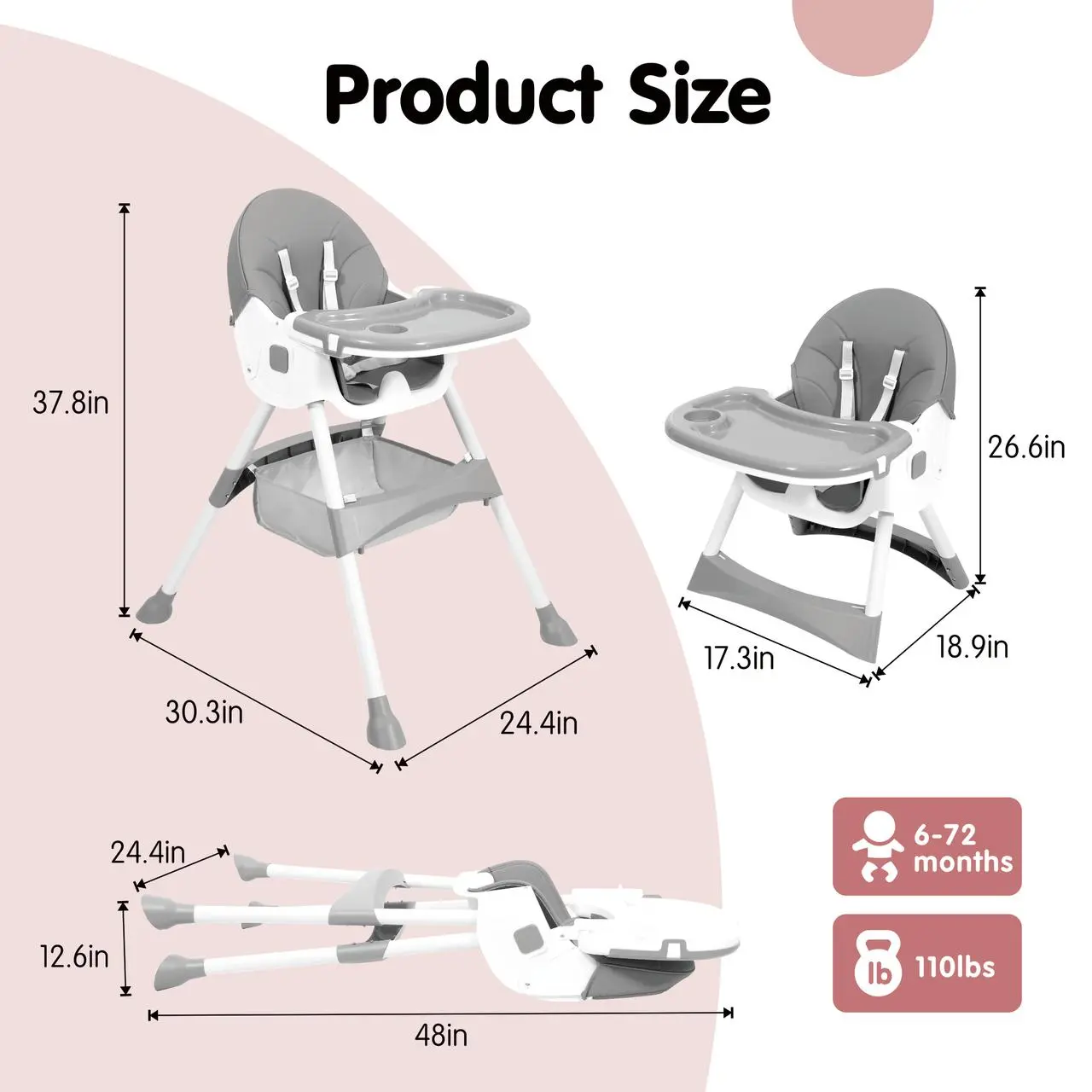 Baby High Chair 6 in 1 Convertible High Chair with 5-Point Safety Harness, Adjustable Dining Tray, Easy to Clean Surface, Robust Design, #SummerVibes