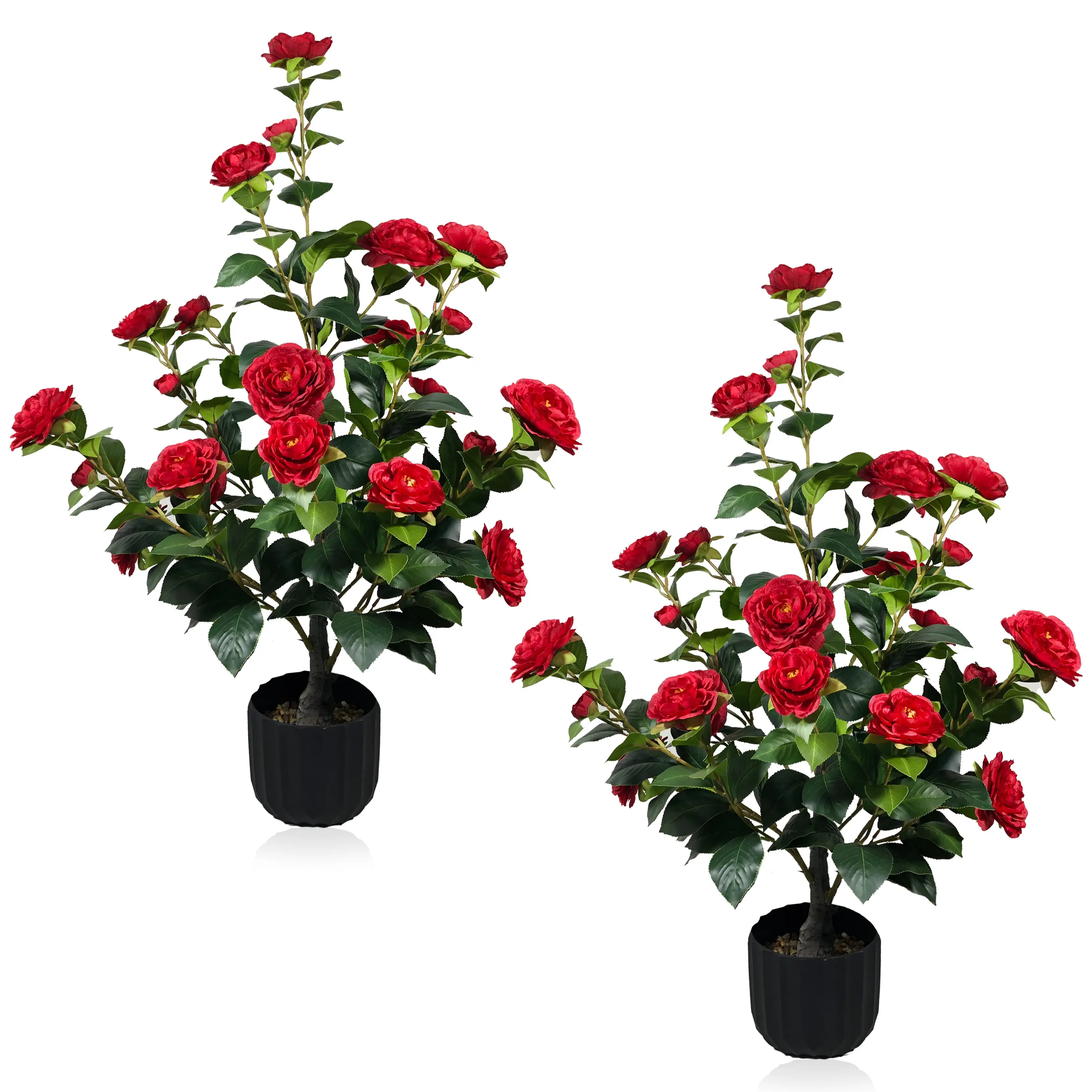 2 Pcs 3-foot Camellia Tree with Decorative Pebbles, Flower Pot, 24 Realistic Flowers, 188 Leaves for Indoor, outdoor courtyard Home Decor