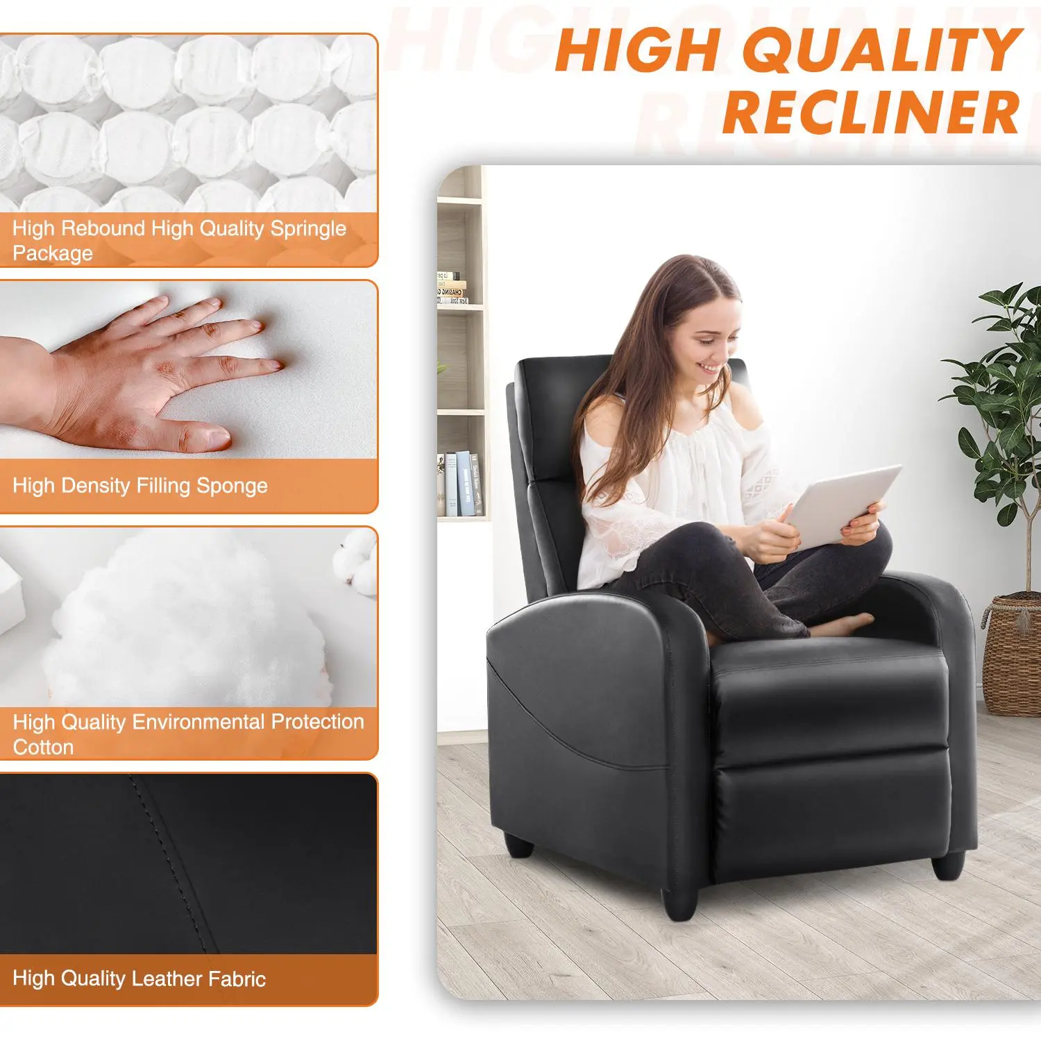 Recliner Chair for Living Room, Massage Recliner Chair Theater Chairs Adjustable Modern Reclining Chair with Padded Seat Backrest