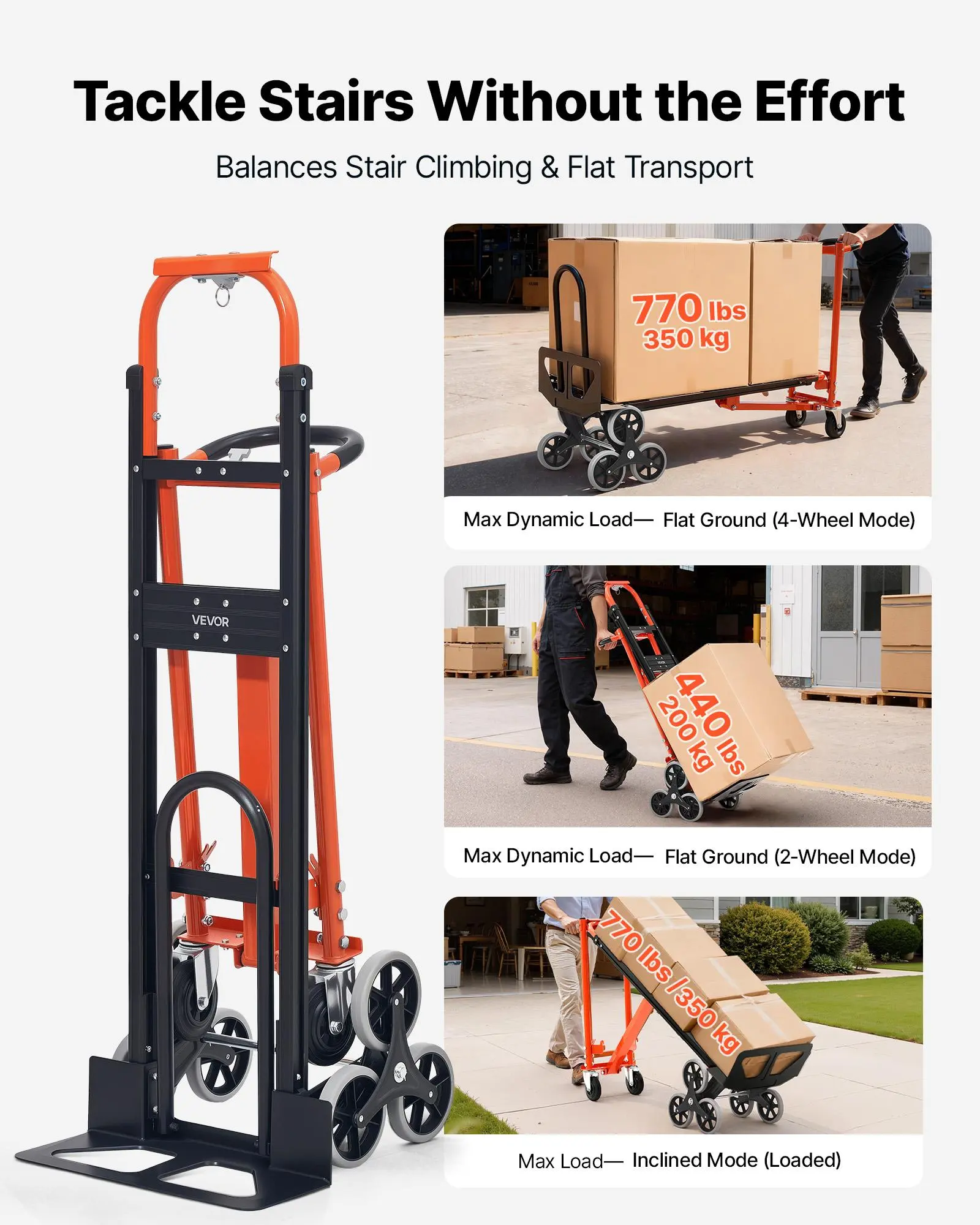 3 in 1 Industrial Convertible Stair Climbing Cart, 770 lbs Max Load, Folding Hand Truck Dolly with Handle & Wheels, Stair Climbing Utility Trolley for Transport & Moving