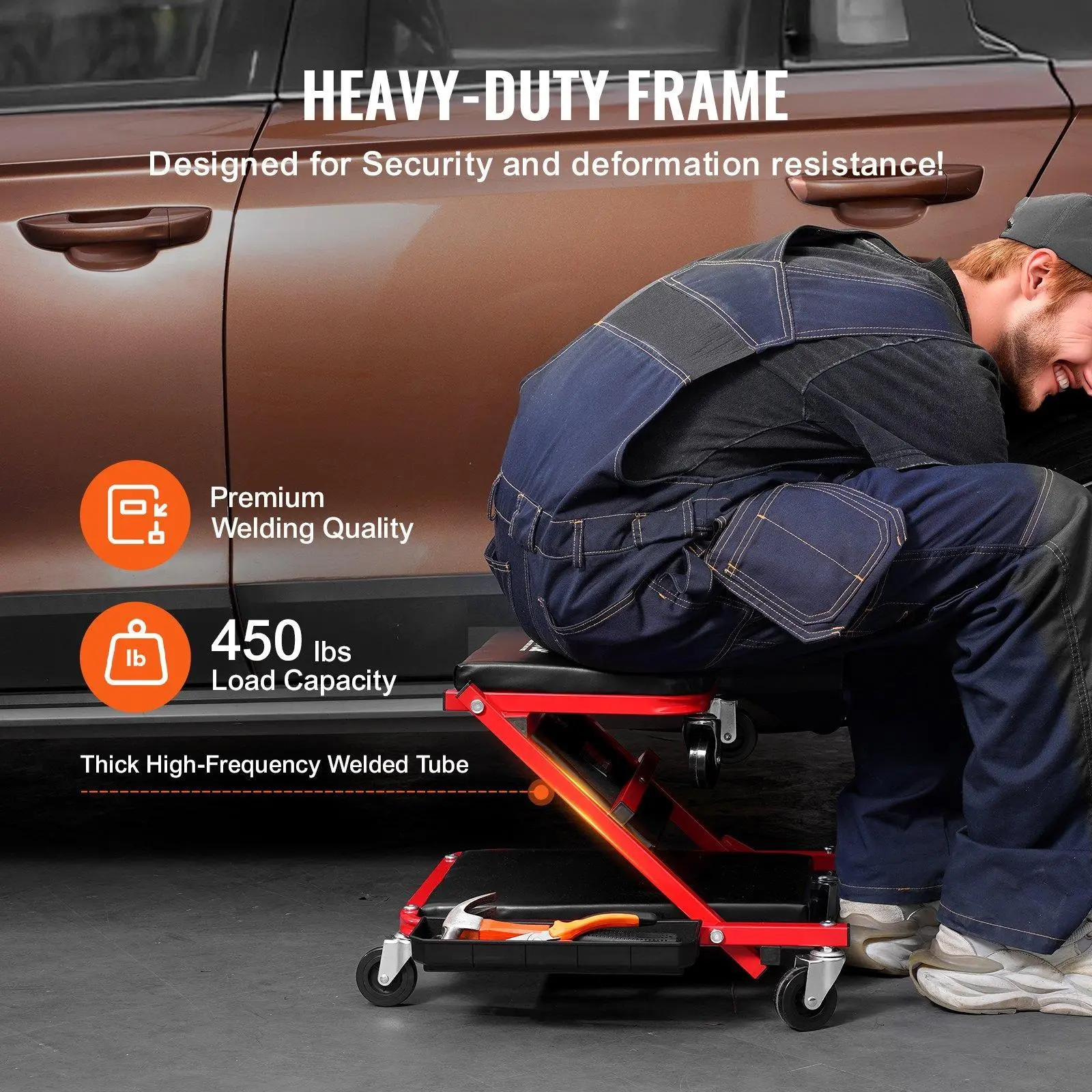 Foldable Z Garage Creeper, 36 in, 300 lbs Load Capacity Rolling Folding Mechanic Creeper Stool, with 6 Wheels Tool Tray Padded Seat Steel Frame