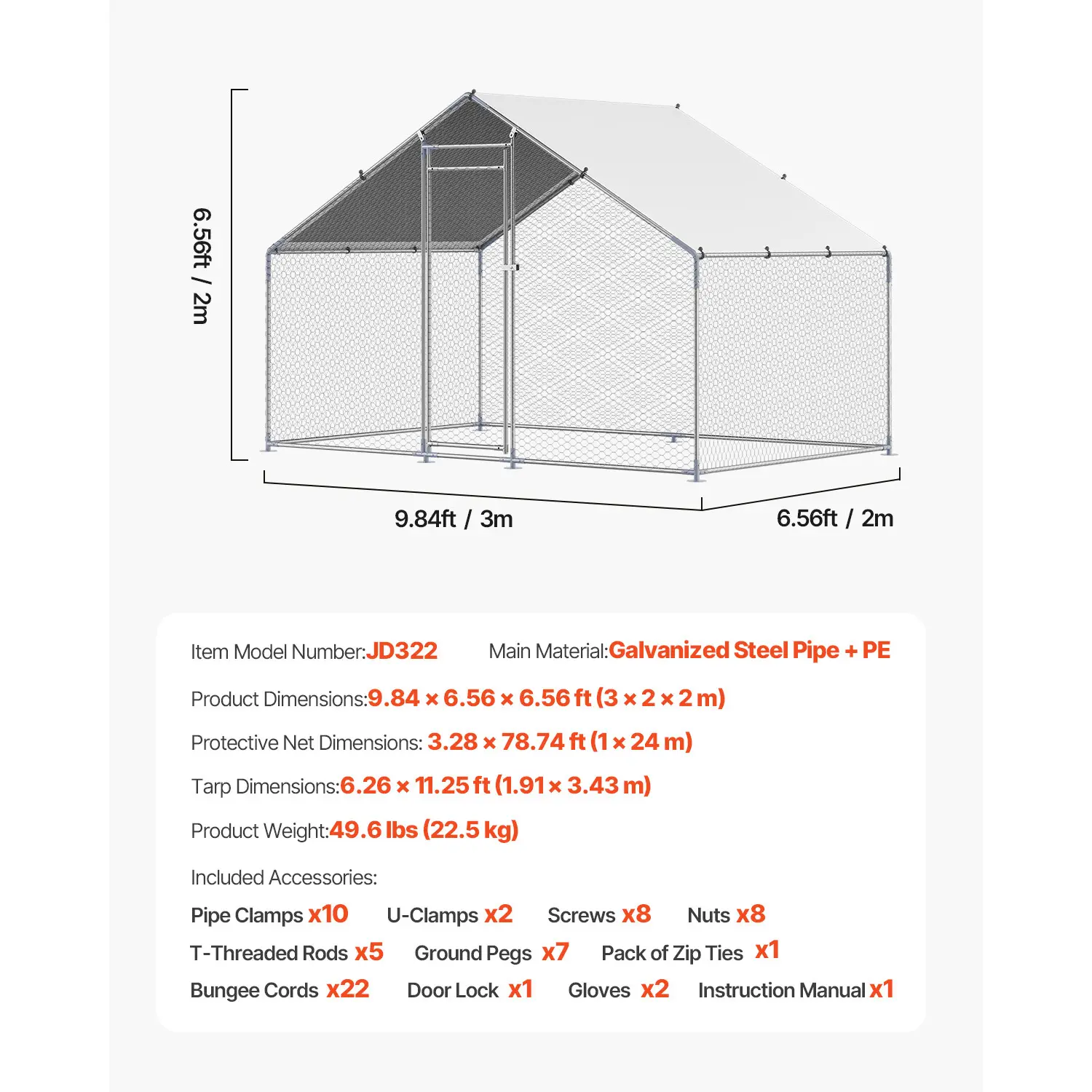 Metal Chicken Coop, 9.8x6.5x6.5ft Large Walk-in Chicken Runs with Cover, Spire Roof Hen House Enclosure with Security Lock, Outdoor Duck Rabbit Cage Poultry Pen for Backyard, Farm