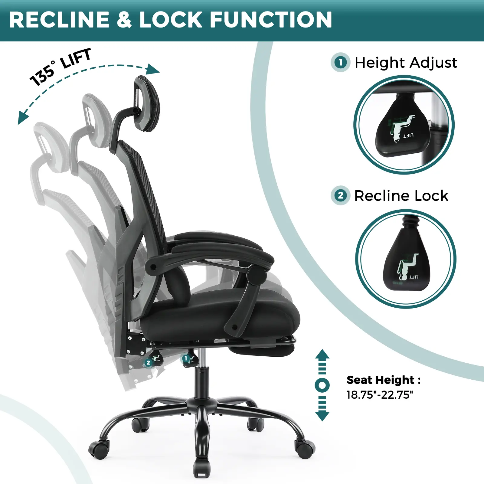 Furniture Ergonomic Office Chair with Foot Rest and Adjustable Headrest, Mesh Swivel Rolling Task Chair, Height Adjustable, Office Gifts