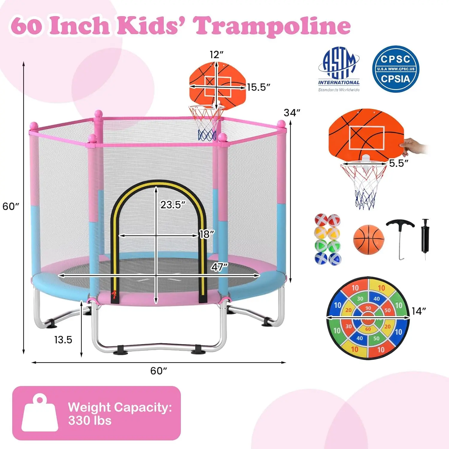 55"/60" Trampoline for Kids, No-Gap Jumping Mat, Easy to Assemble, Indoor/Outdoor, Ideal Gift for Boys and Girls,Summervibes