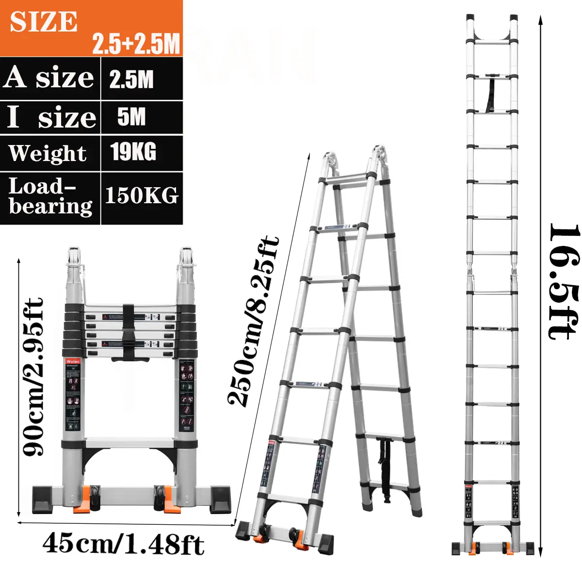 Telescopic ladder 20.3/23ft Aluminum extension ladder, Heavy Duty 330lbs Max Capacity,with 2 Triangle Stabilizers, Multi-Purpose Collapsible Ladder