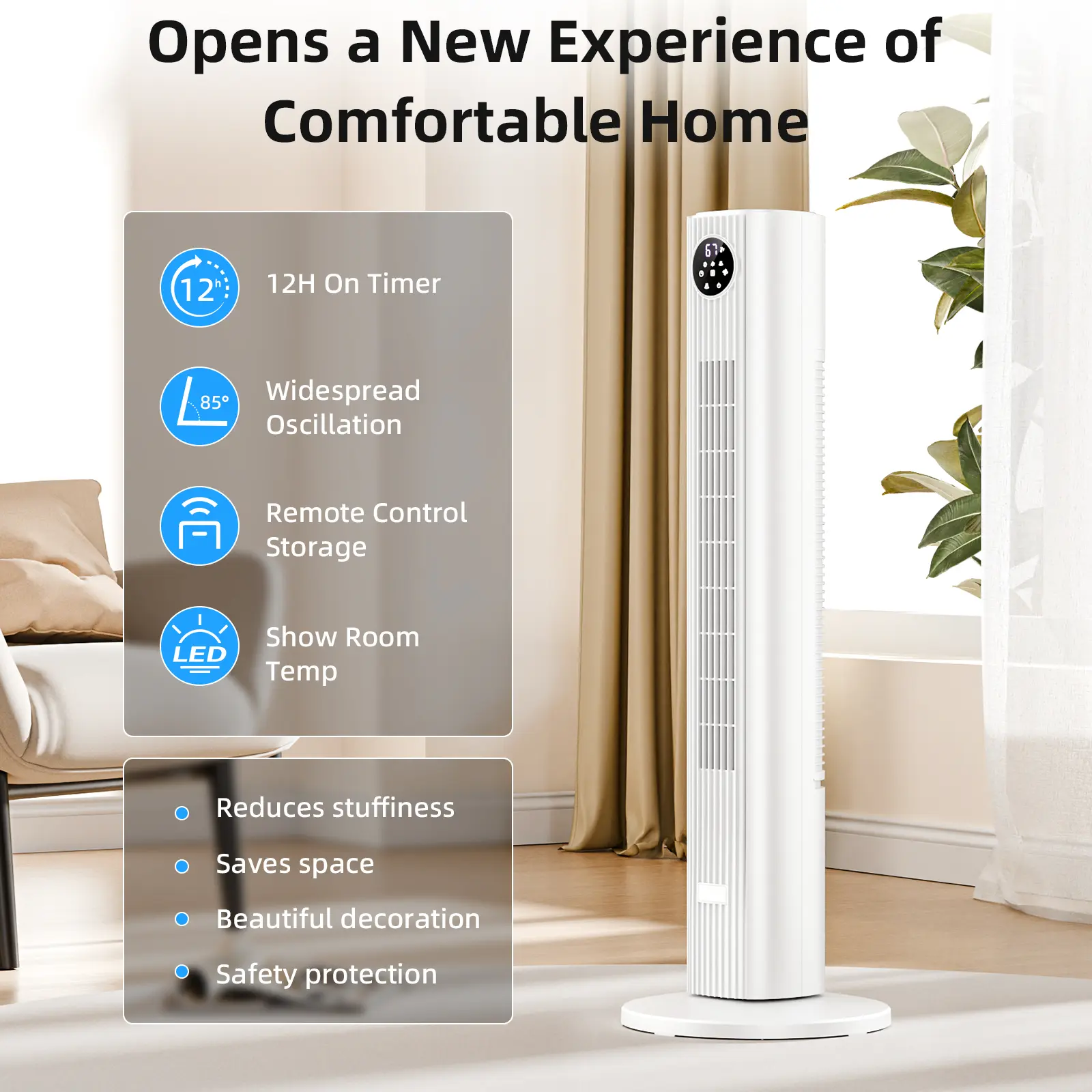 Tower Fan - Bladeless, Remote Control, 85° Oscillation