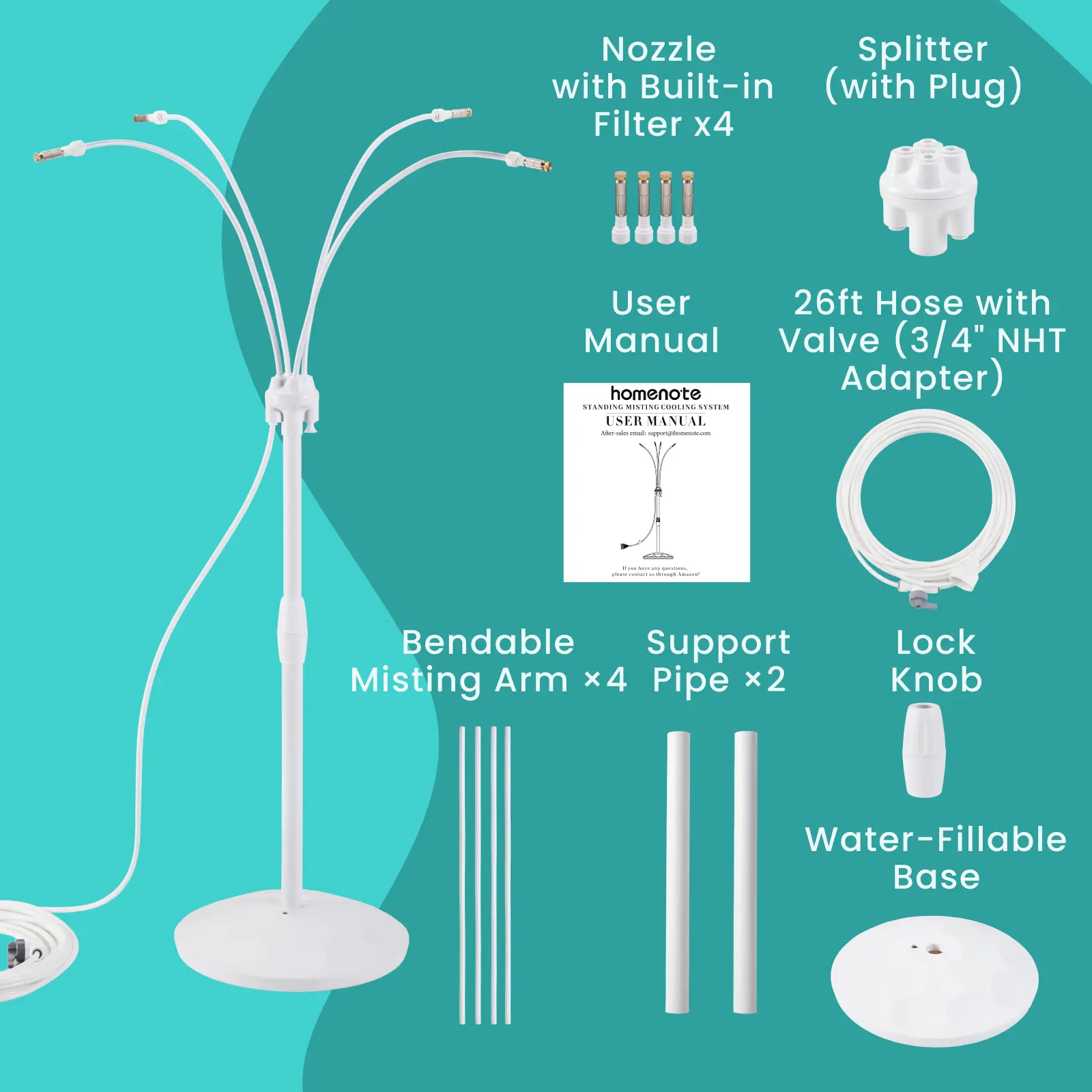 Standing Misting Cooling System with Fillable Base, 26.2FT Water Line, Adjustable Height Standing Mister for Outside Patio Cooling, Pool Tanning, Garden Greenhouse Watering