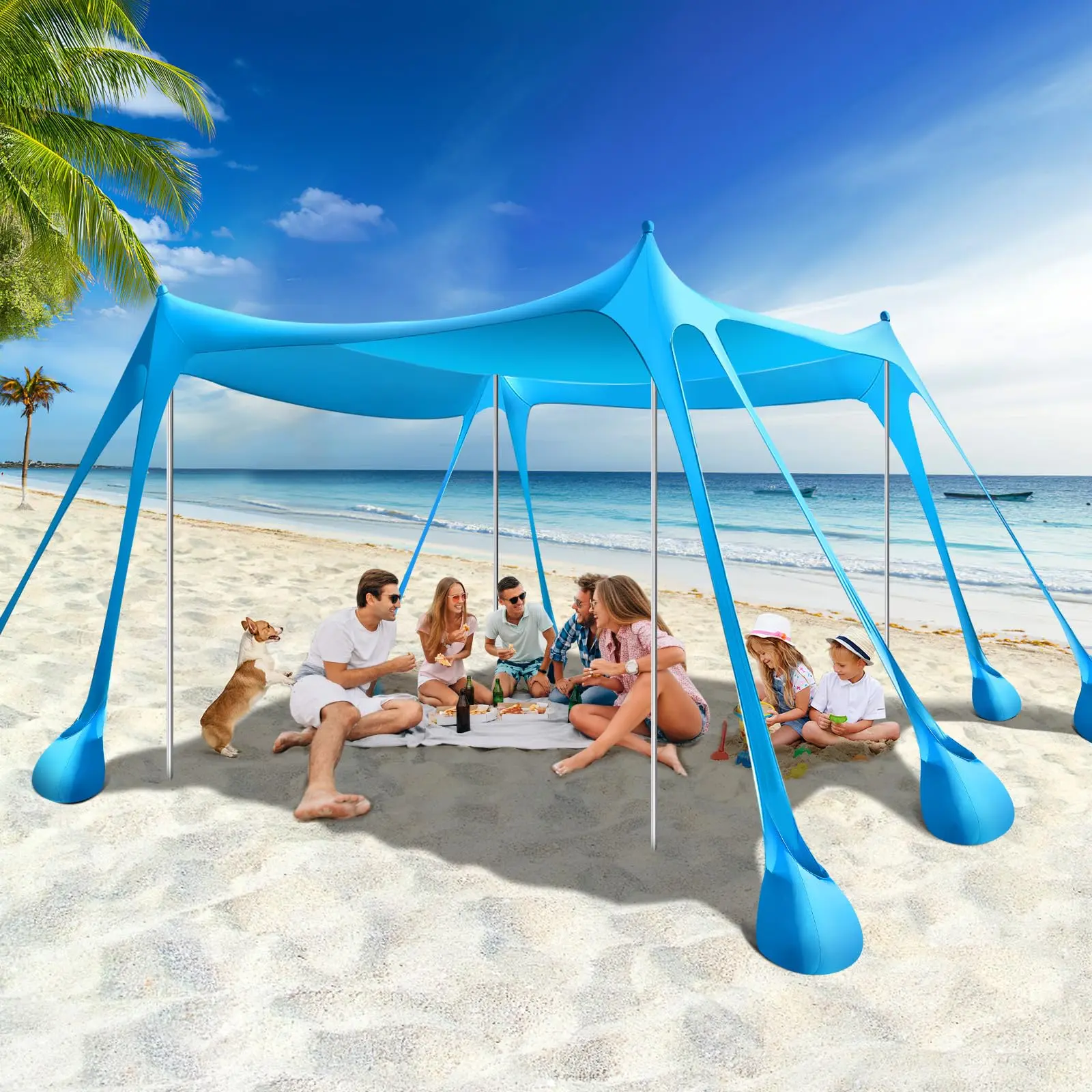Beach Tent Sun Shelter, UPF 50+ Sun Shade Beach Canopy with 8 Sandbags & 4 Aluminum Poles, Large Portable Windproof Pop Up Beach Tent for Family Camping, Fishing, Backyard Picnic