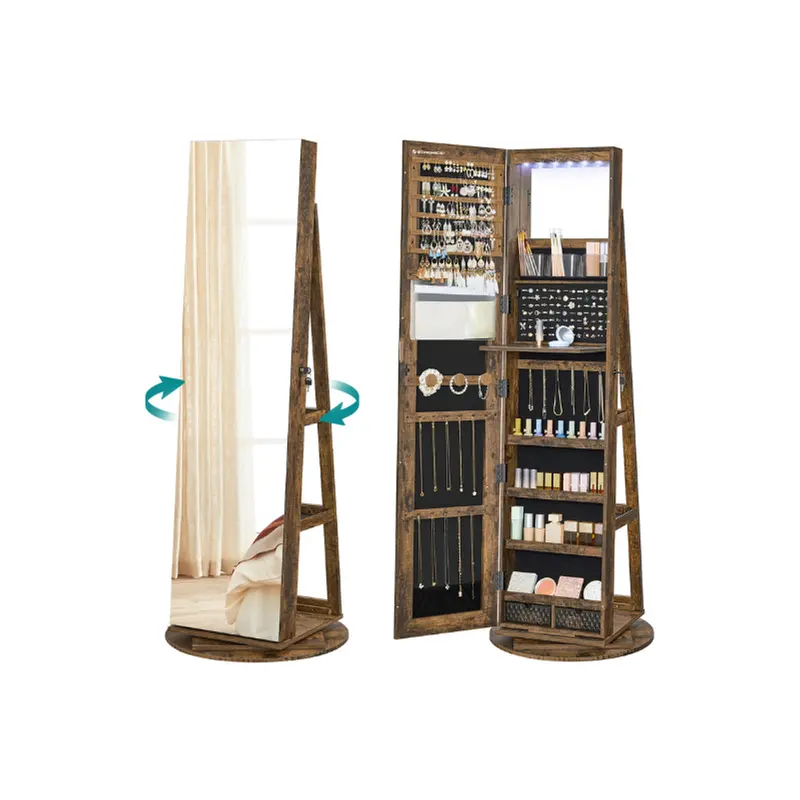 LED Lockable Jewelry Cabinet – Standing Armoire with Frameless Full-Length Mirror & 3 Storage Shelves