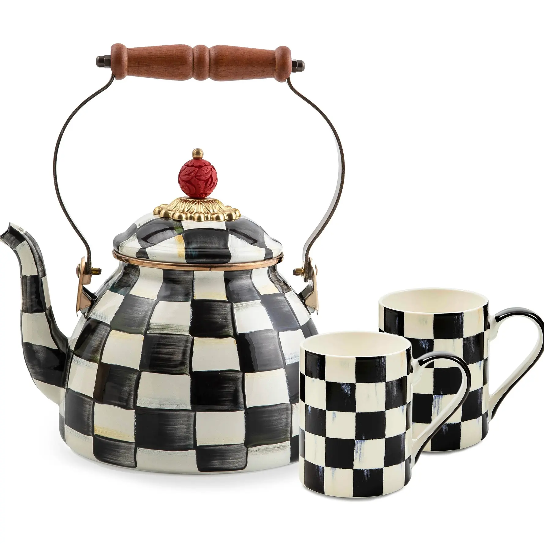 2QT Enamel Tea Kettle & 2 Mug Set – Elegant Tea-Time Collection for Everyday Sipping & Entertaining