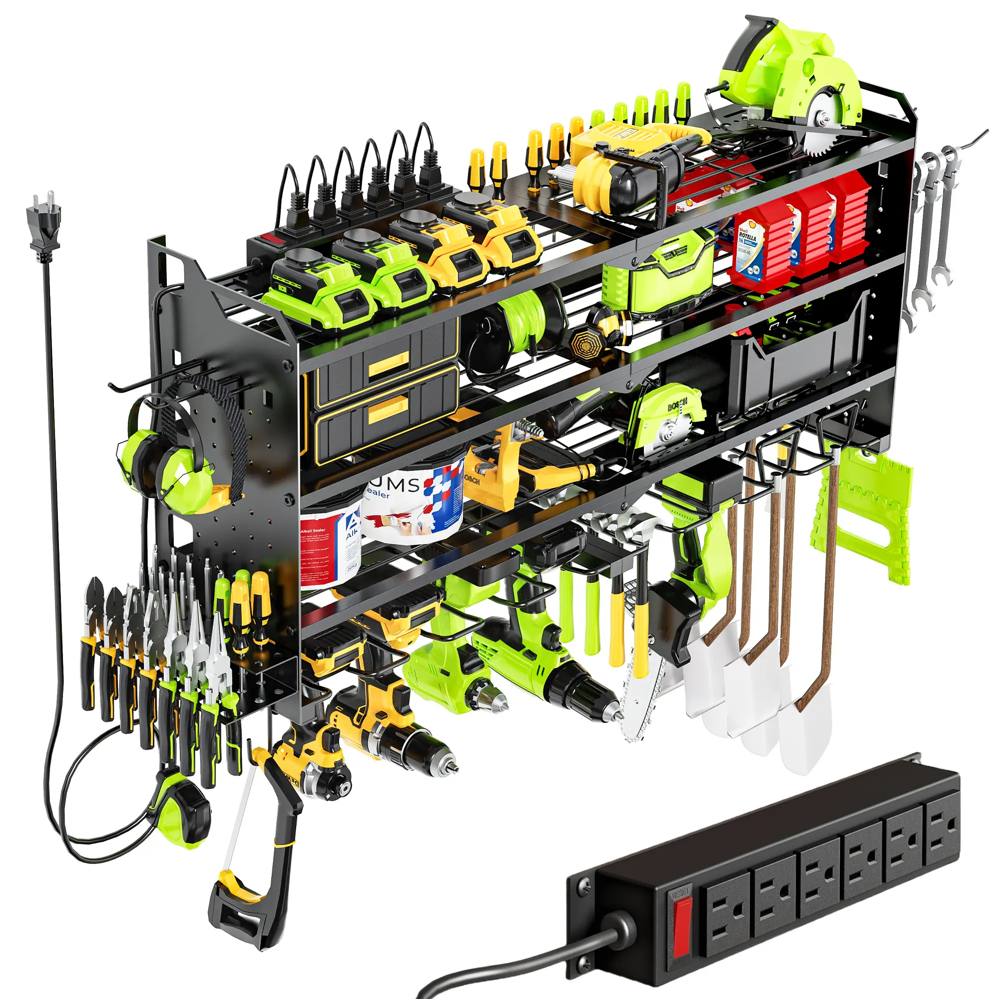 Tool Rack Organizer Wall Mount with 8 Drill Holders 4 Layers Large Capacity Rack for Garage Heavy Duty Sturdy Construction Easy Assembly