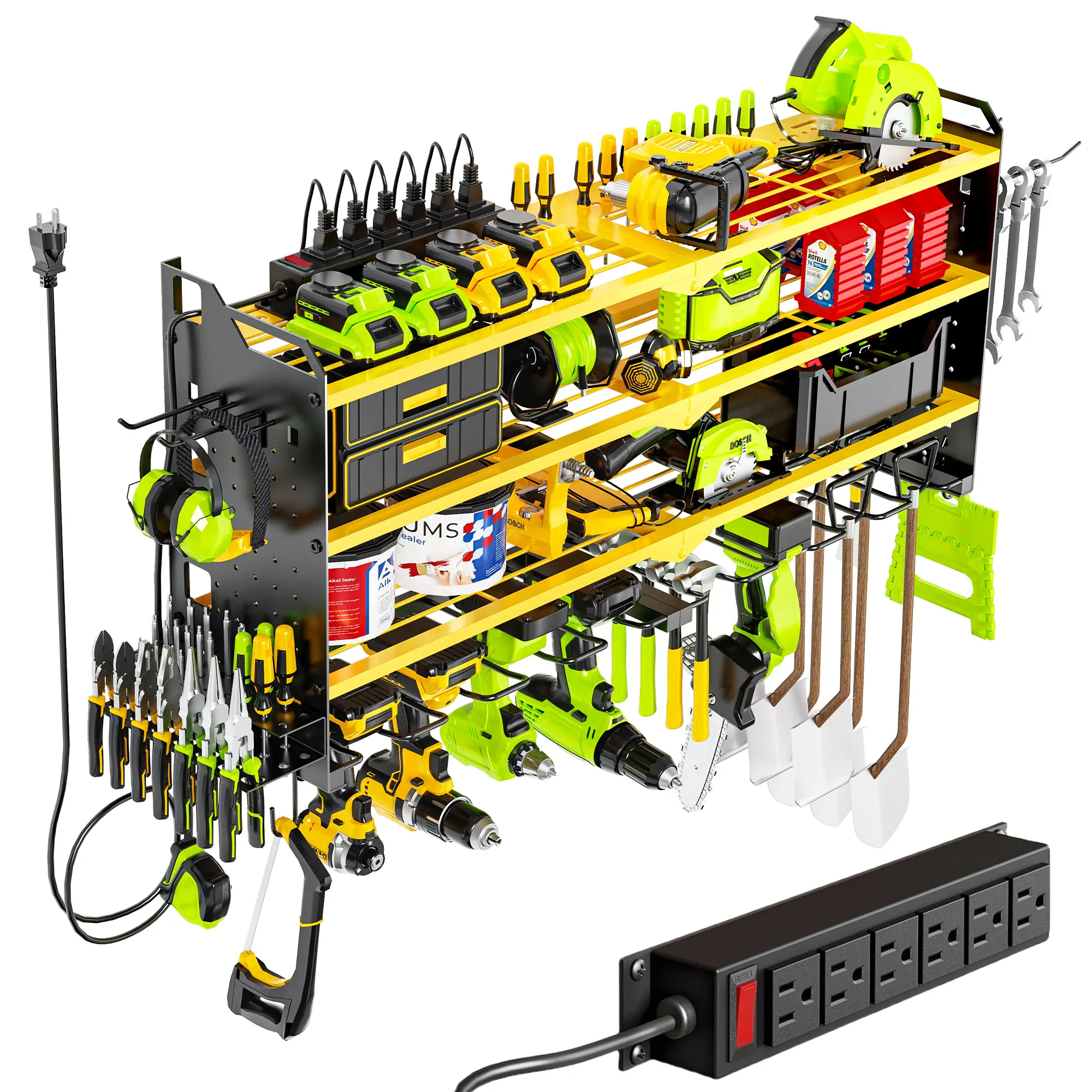 Tool Rack Organizer Wall Mount with 8 Drill Holders 4 Layers Large Capacity Rack for Garage Heavy Duty Sturdy Construction Easy Assembly