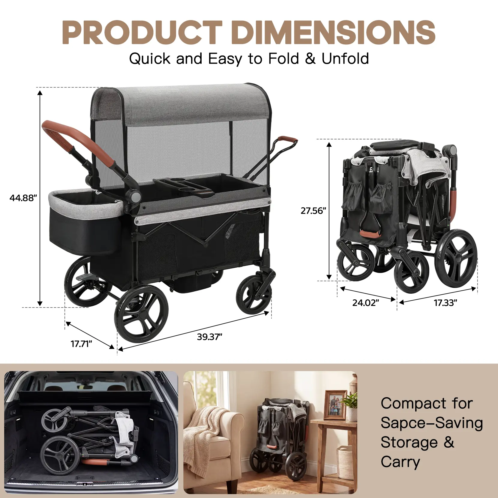 Stroller Wagon for 2 Kids, All-Terrain Foldable Kids Wagon Stroller with Removable Canopy, Mosquito Net, Snack Tray, Cup Holders & Storage Basket