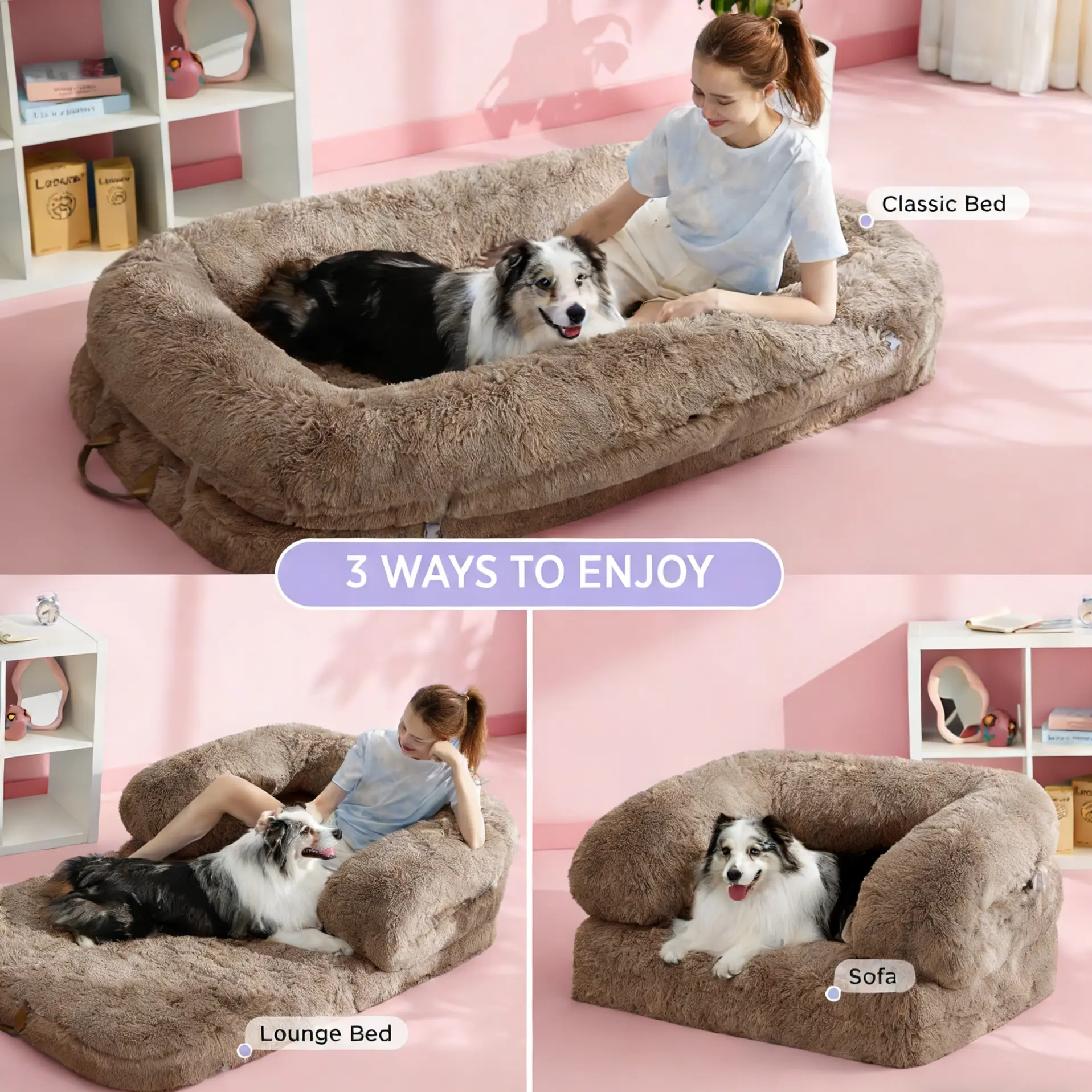 Luxury Warm Foldable 3-in-1 Flexible Giant Human Dog Bed Cozy Fluffy Faux Fur Lounge Sofa with Supportive Bolster Egg Foam Soft Plush Calming Orthopedic Bed for Comfort Classic Lounge Sofa