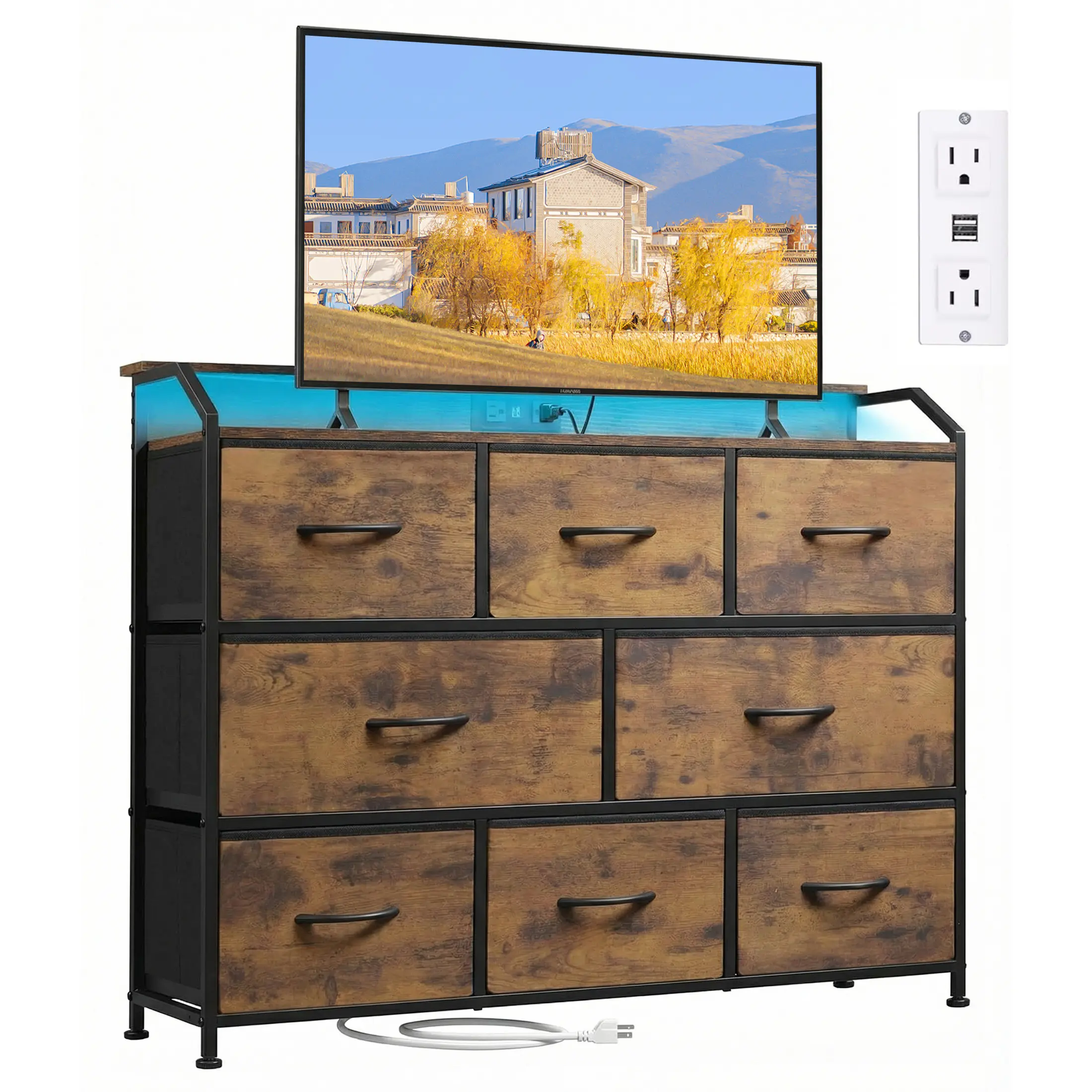 8-Drawer Storage Dresser – Modern TV Stand with Power Outlets, LED Lights & Multifunctional Storage Cabinet