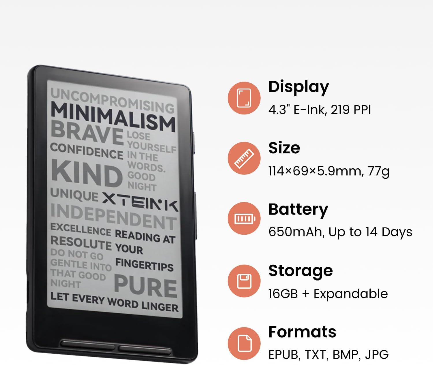 X4 E-Book Reader, 4.3" Portable Pocket E-Ink eReader with Physical Page-Turn Buttons, Ultra-Thin 0.23 inch&2.72 oz, Magnetic-Ready Design,Distraction-Free Reading, 16GB Storage, Frost White