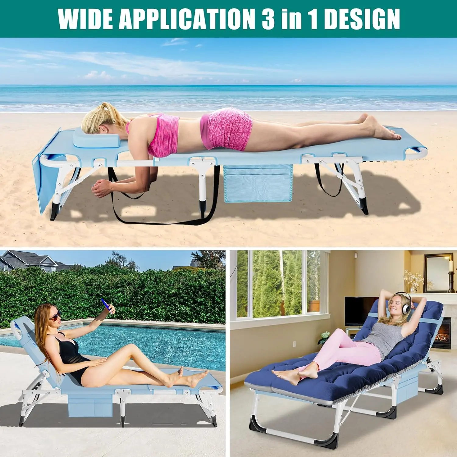 3-in-1 Sun Tanning Chair – Adjustable Folding Lounge Chair with Mat for Beach, Patio, Pool & Outdoor Relaxation