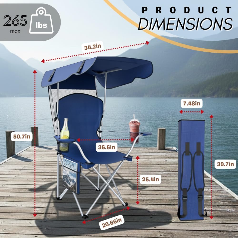 Portable Folding Camping Chairs with CanopyShade, Beach Chair for Adults, DurableWeather Resistant 600D Oxford Cloth,Camping Chair with Canopy for Outdoors