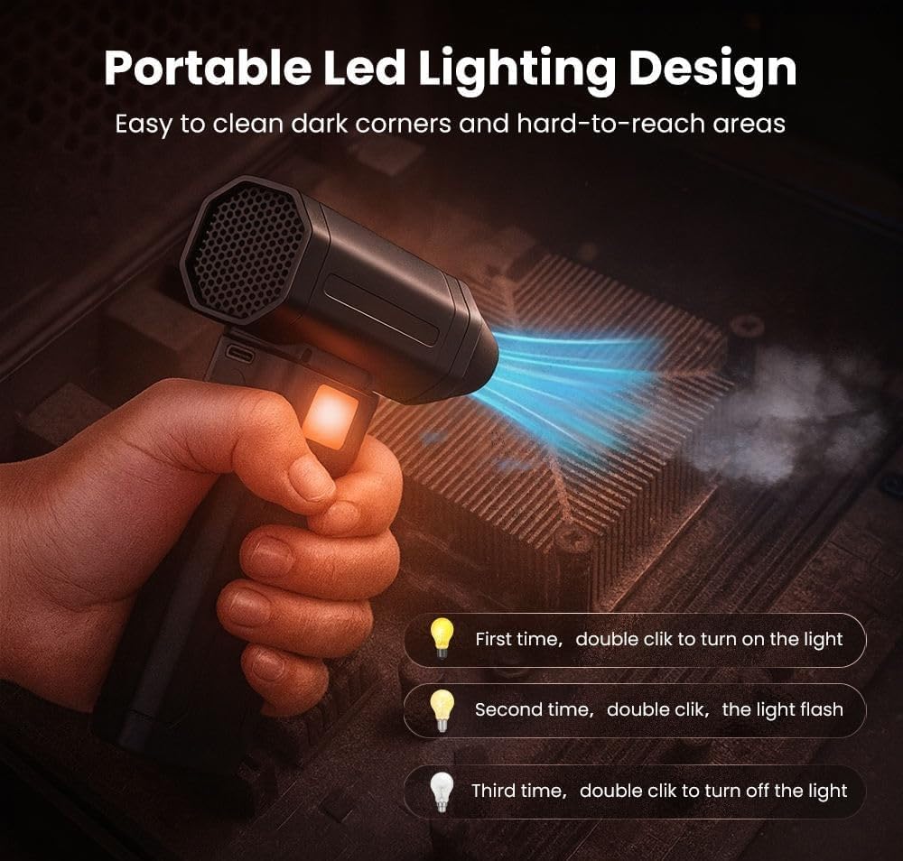 Compressed Air Duster, 180000RPM Powerful Cordless Electric Air Duster with Brushless Motor and LED Light, Rechargeable Stepless Speed Regulation Dust Blower