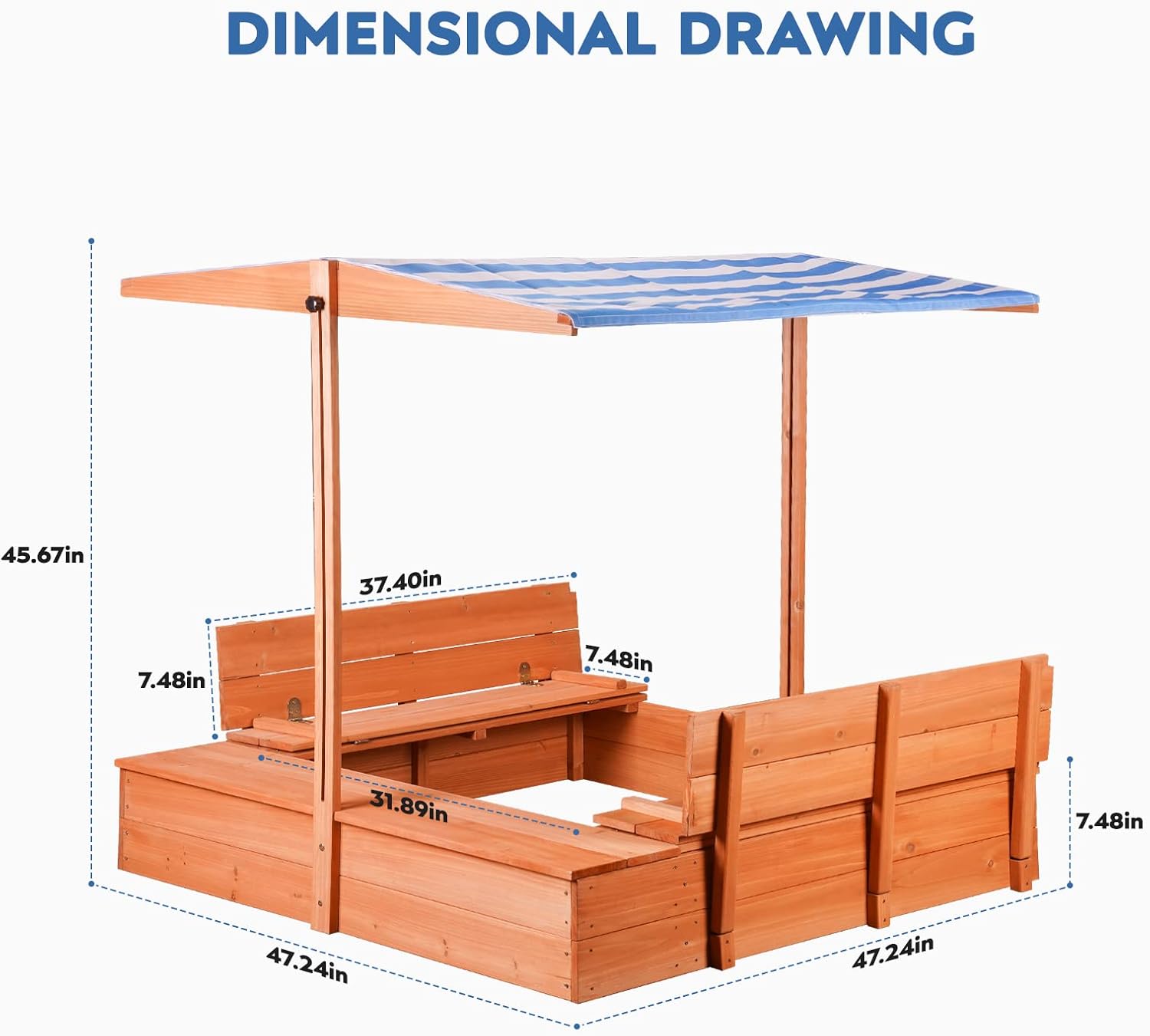 Kids' Outdoor Wooden Sandbox with Id,Sand Box with Toy Storage Box,Kids Play Equipment Sand Protection Bottom Liner Included 47X47in.