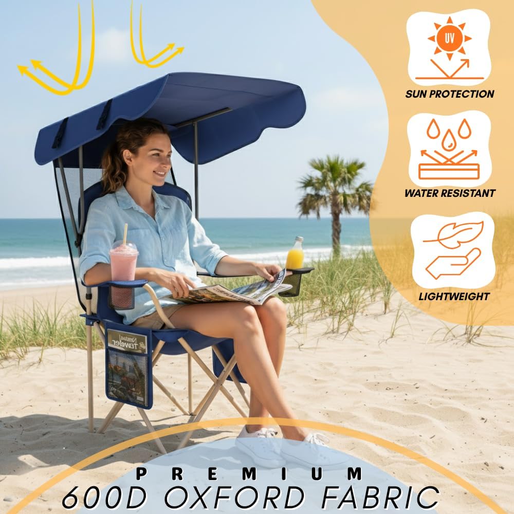 Portable Folding Camping Chairs with CanopyShade, Beach Chair for Adults, DurableWeather Resistant 600D Oxford Cloth,Camping Chair with Canopy for Outdoors