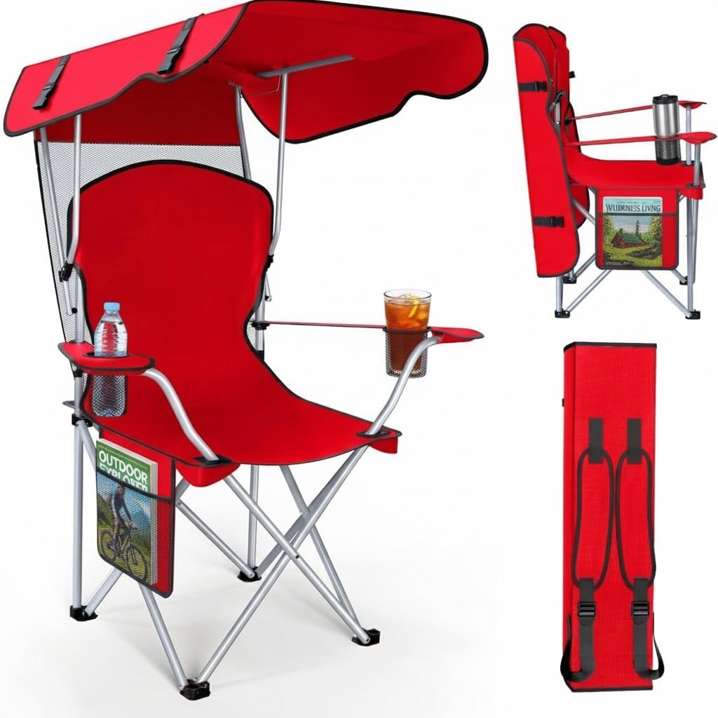 Portable Folding Camping Chairs with CanopyShade, Beach Chair for Adults, DurableWeather Resistant 600D Oxford Cloth,Camping Chair with Canopy for Outdoors