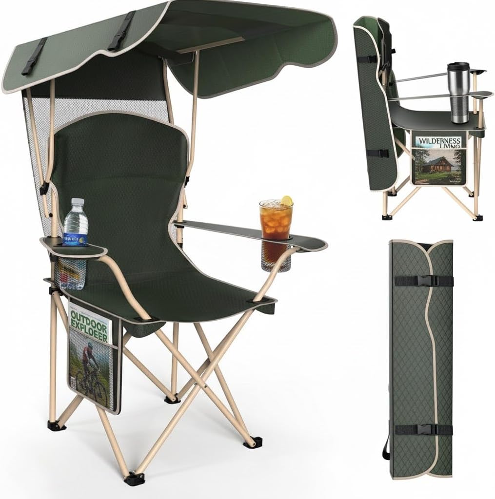 Portable Folding Camping Chairs with CanopyShade, Beach Chair for Adults, DurableWeather Resistant 600D Oxford Cloth,Camping Chair with Canopy for Outdoors