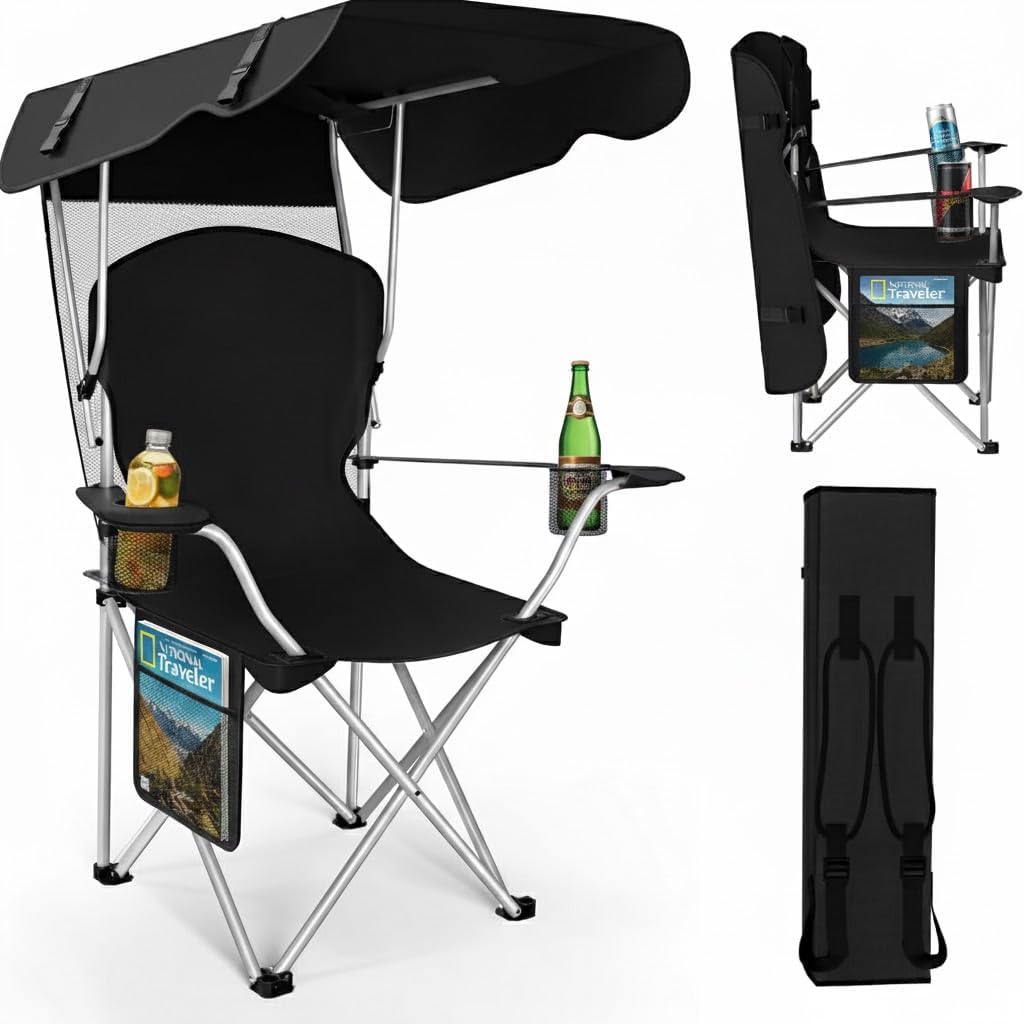 Portable Folding Camping Chairs with CanopyShade, Beach Chair for Adults, DurableWeather Resistant 600D Oxford Cloth,Camping Chair with Canopy for Outdoors