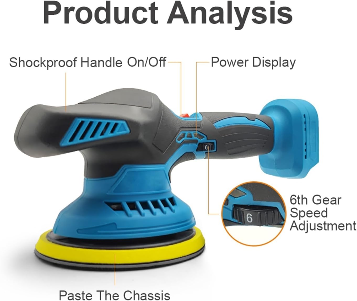 Polishing Machine Orbital Sander Cordless Car Polisher 6 Gears Electric Auto Polishing Cleaning Metal Waxing Wood Sanding Rust Removal Tool for Sanding, Polishing(NO Battery NO Plug)