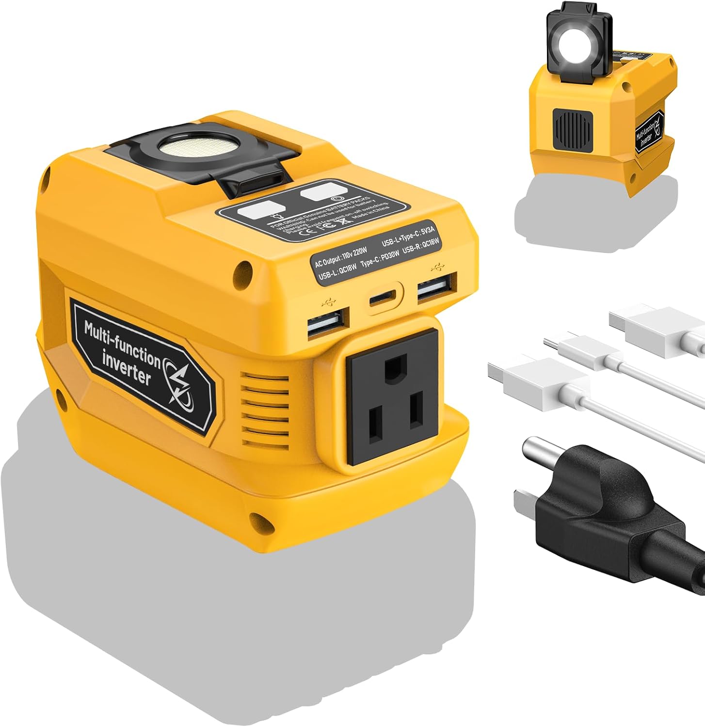 220W Power Inverter Compatible with 20V Battery(Battery not Included), DC 20V to AC 110V, 2 USB Ports & 1 Type-C Fast Charging, 400LM LED Work Light