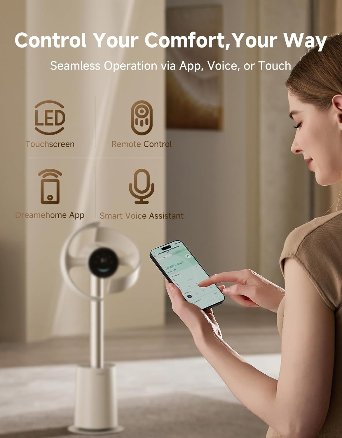 MF10 Bladeless Tower Fan for Bedroom, Smart Standing Fan with 270° Spatial Airflow for Whole-Room Circulation