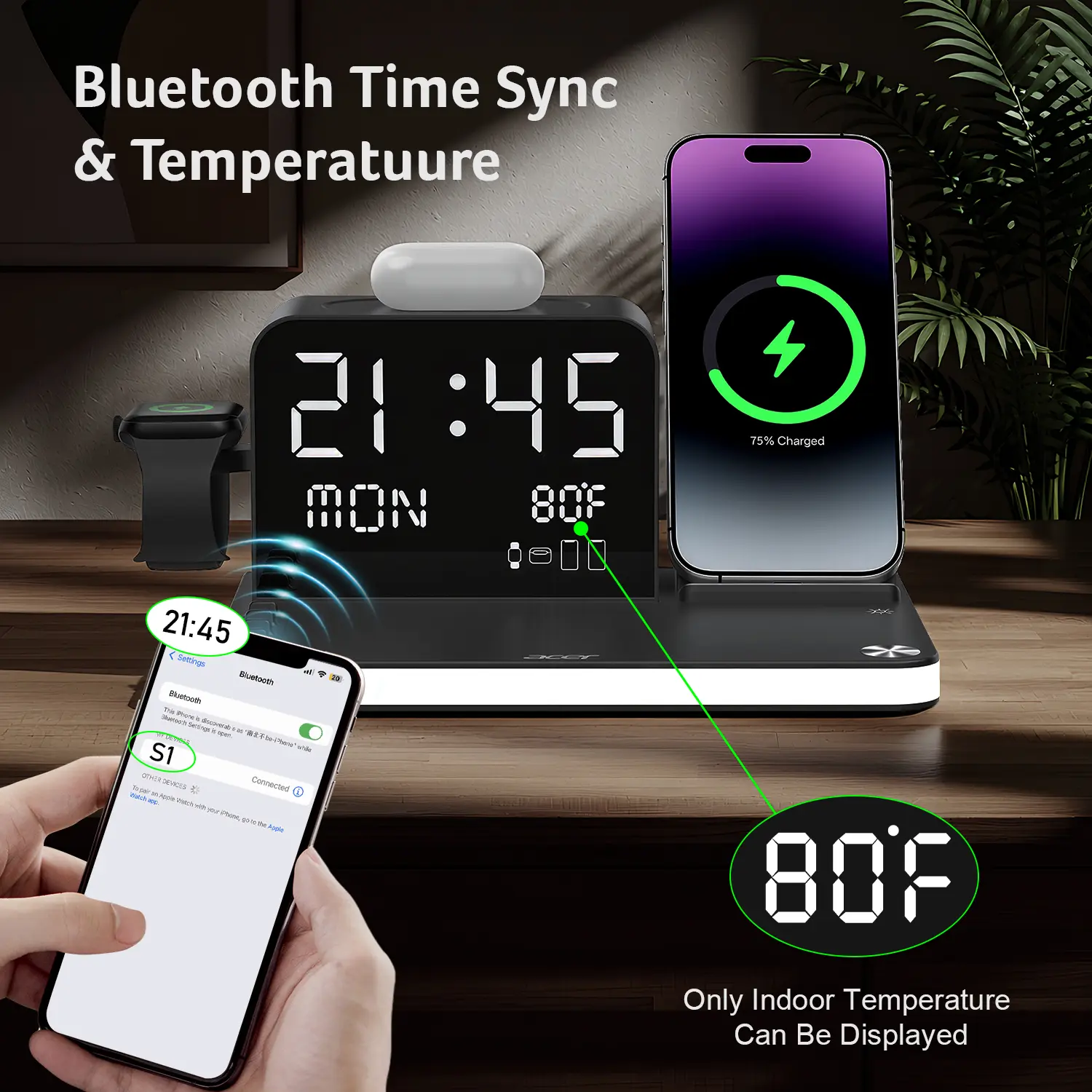 7-in-1 Wireless Charging Station – Fast Charger with LED Night Light, Bluetooth Clock & Temperature Display for iPhone, Apple Watch & AirPods