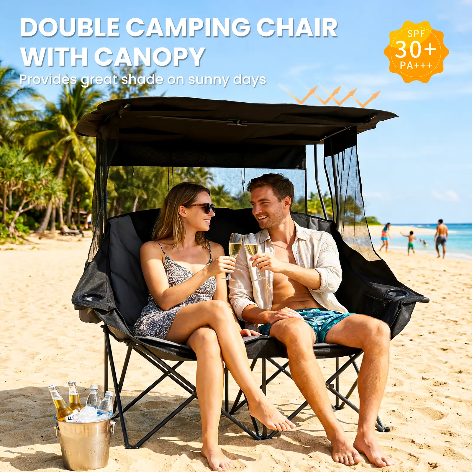 #Summervibes ABORON XXL Double Camping Chair with Shade Canopy, Fully Padded Folding Camping Loveseat , Oversized Camping Bench Lawn Chairs Patio Lounge Chairs for Adults