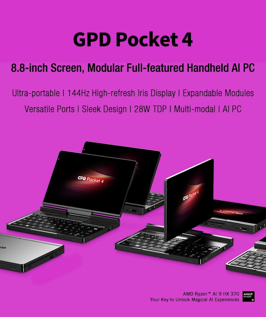 Pocket 4 Mini Laptop 8.8" Touchscreen Aluminum Case UMPC with Windows 11 Home OS, AMD Ryzen AI 9 HX 370, 32GB/2TB