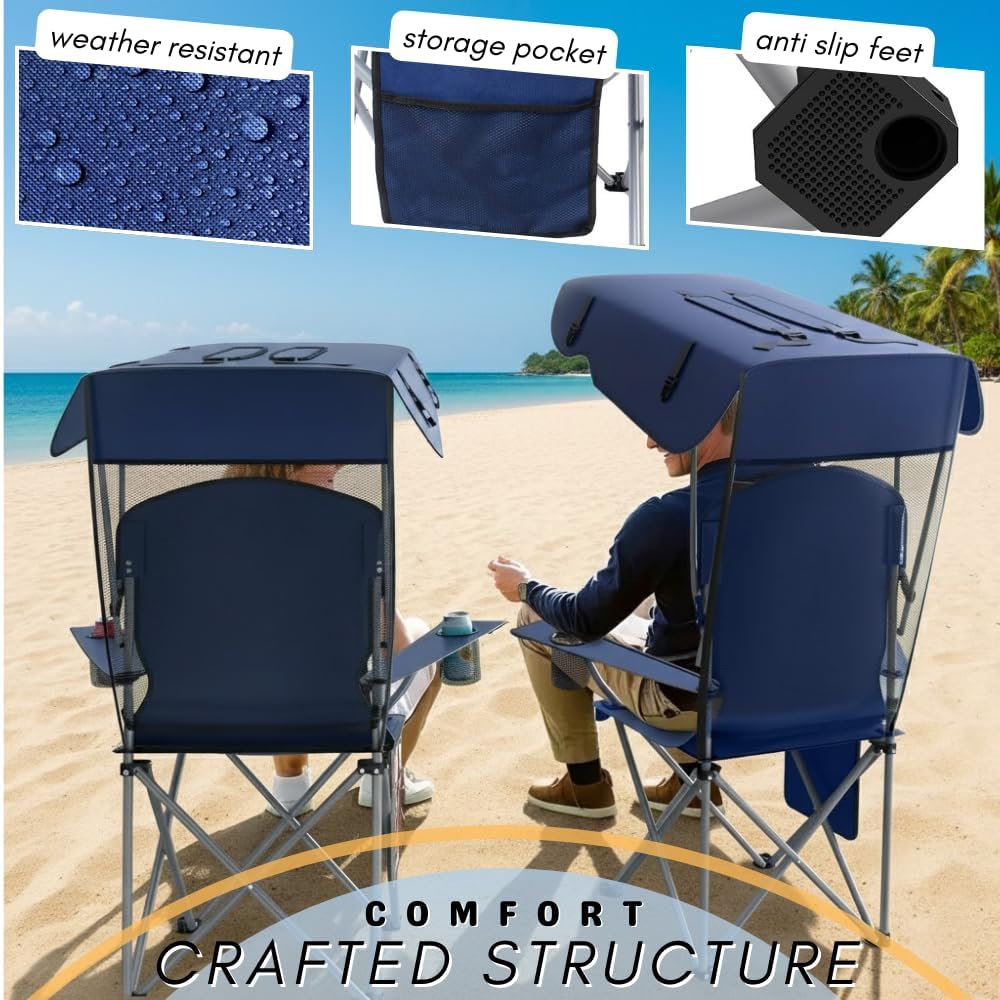 Portable Folding Camping Chairs with CanopyShade, Beach Chair for Adults, DurableWeather Resistant 600D Oxford Cloth,Camping Chair with Canopy for Outdoors