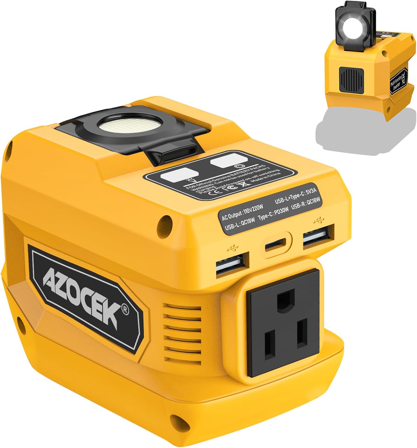 220W Power Inverter Compatible with 20V Battery(Battery not Included), DC 20V to AC 110V, 2 USB Ports & 1 Type-C Fast Charging, 400LM LED Work Light