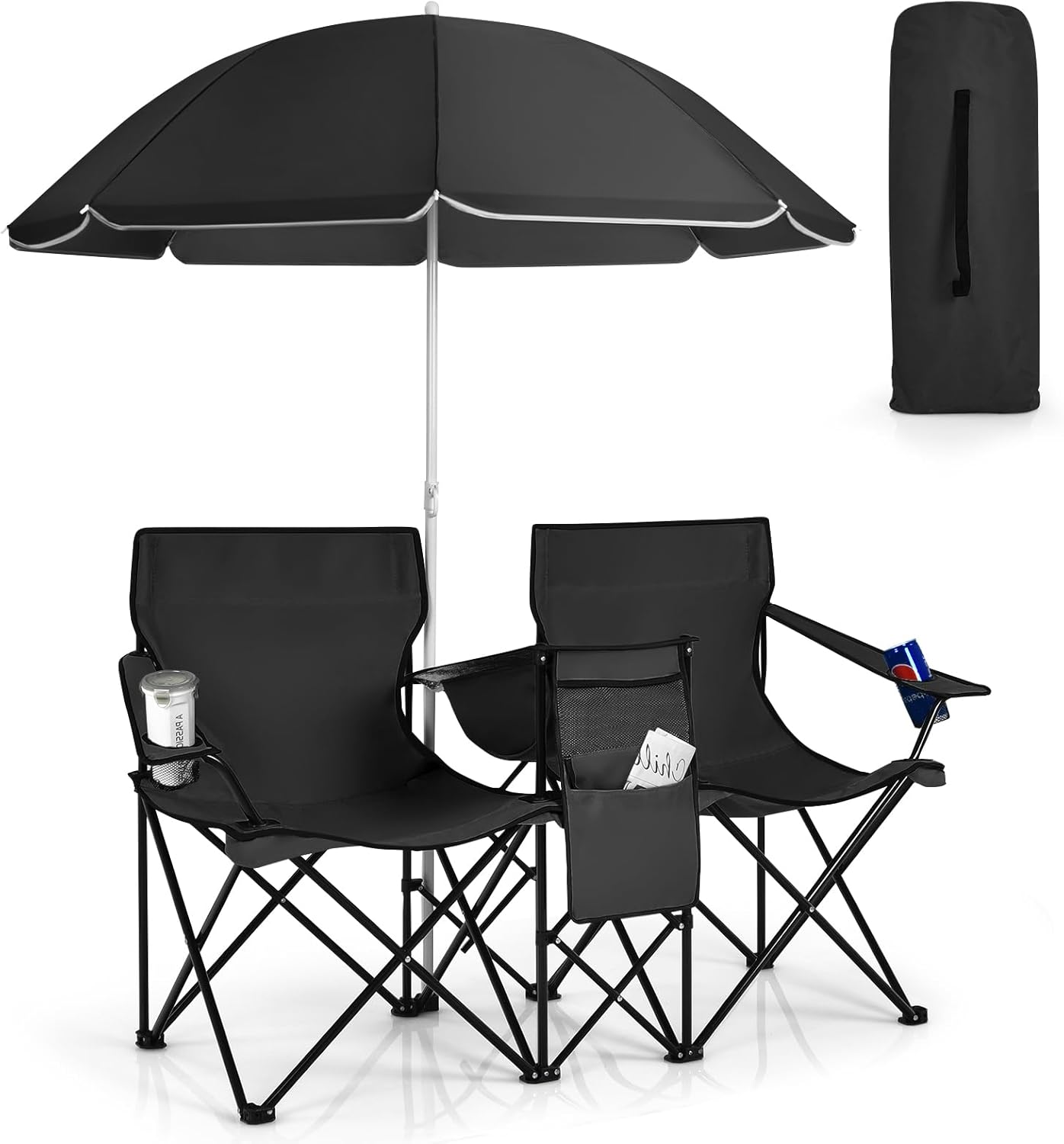 Double Camping Chair, Folding Camp Chair with Removable Umbrella, Cup Holders, Cooler Bag, Side Pocket & Carry Bag, 2-Person Beach Chair for Outdoor, Sports, Concerts, Travel, Picnic