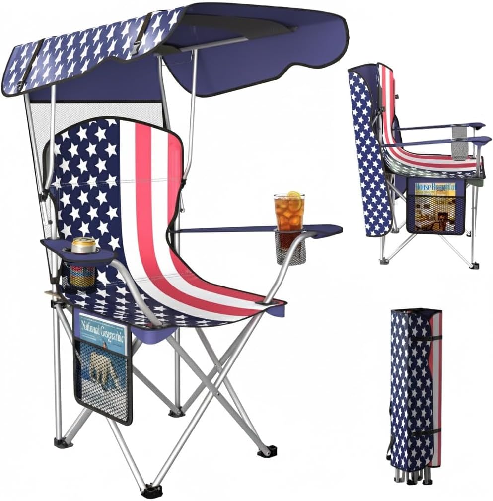 Portable Folding Camping Chairs with CanopyShade, Beach Chair for Adults, DurableWeather Resistant 600D Oxford Cloth,Camping Chair with Canopy for Outdoors