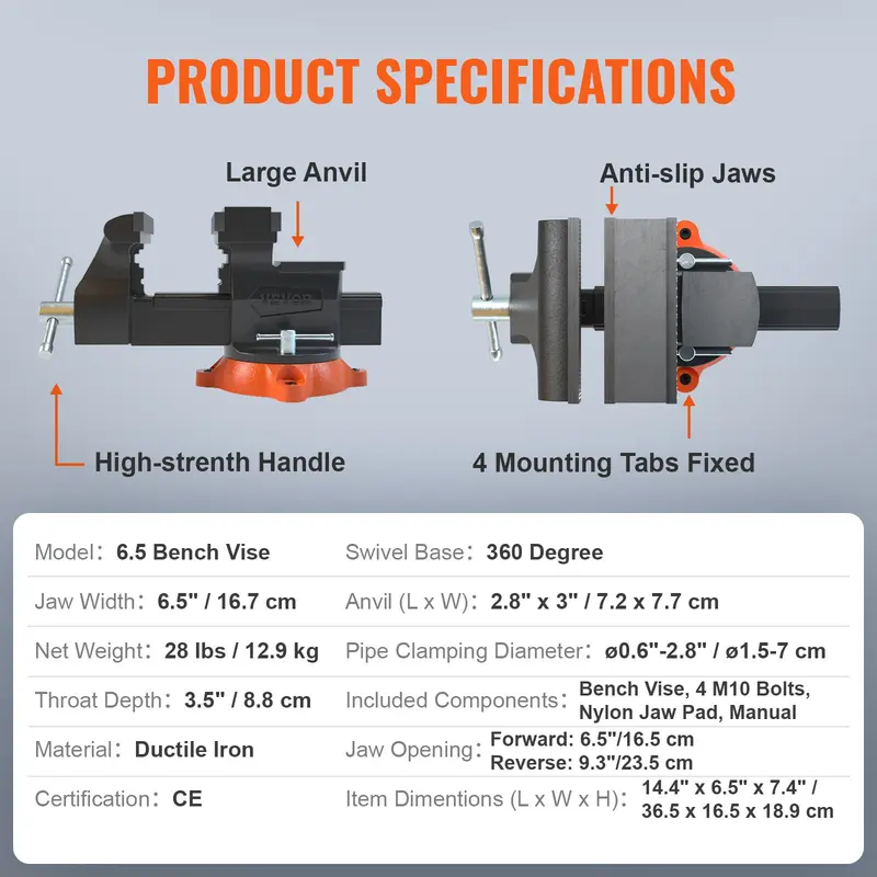6.5" Jaw Width 6.5" Forward &9.3" Reverse Opening Bench Vise, 360-Degree Swivel Locking Base Multipurpose Workbench with Anvil