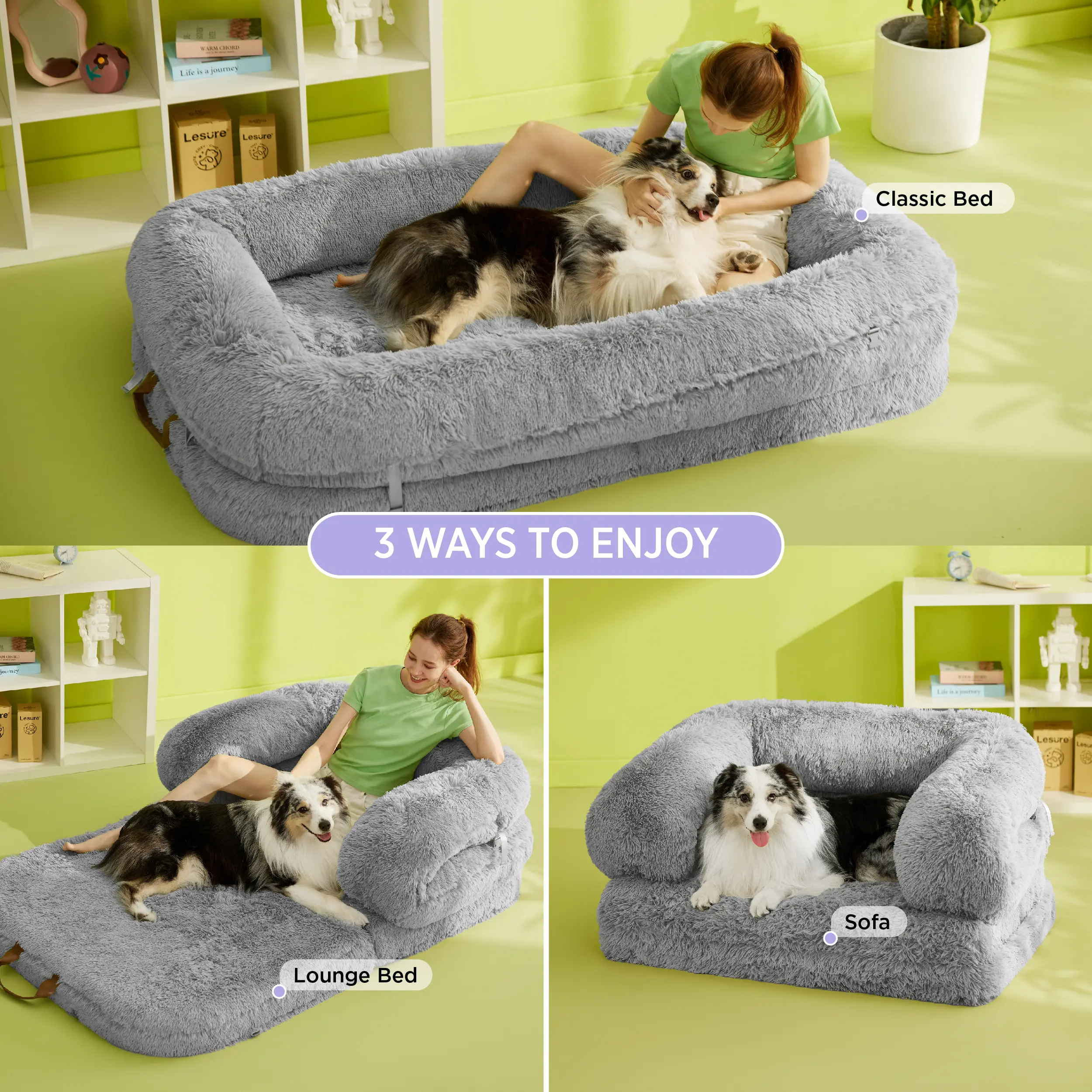 Luxury Warm Foldable 3-in-1 Flexible Giant Human Dog Bed Cozy Fluffy Faux Fur Lounge Sofa with Supportive Bolster Egg Foam Soft Plush Calming Orthopedic Bed for Comfort Classic Lounge Sofa