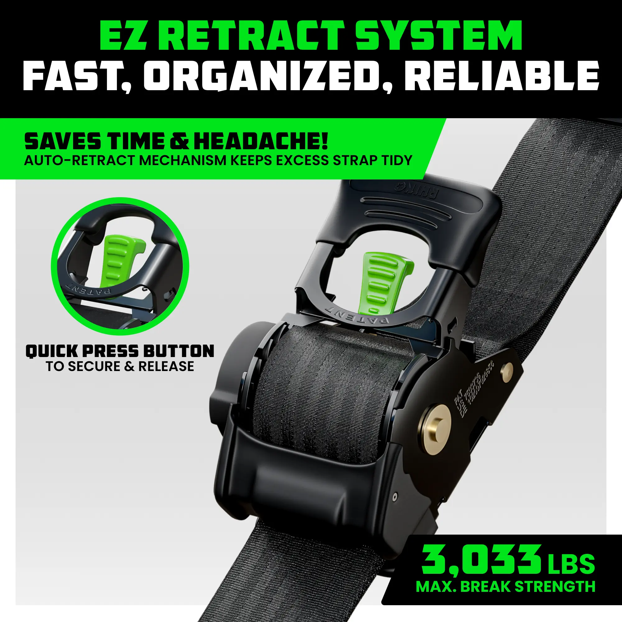 2" x 10' Retractable Ratchet Straps 2- or 4-Pack - (3,033lb Break Strength) - Heavy Duty Self Retracting Tie Down Straps for Truck, Cargo Trailer
