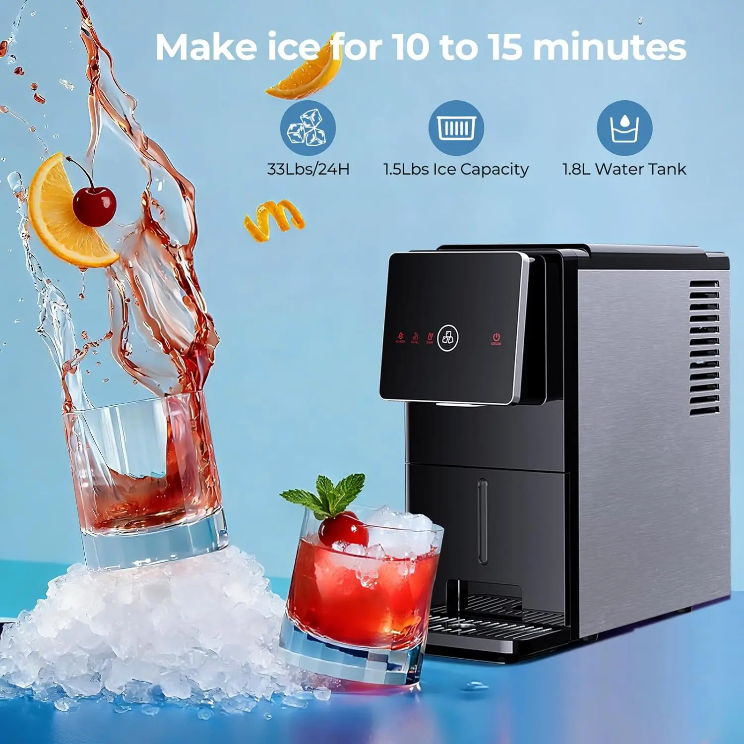 Countertop Nugget Ice Maker 24lbs/Day Self-Cleaning Sonic Ice Maker 1.8L Water Tank Touch Screen Auto Ice Drop for Home Office Kitchen