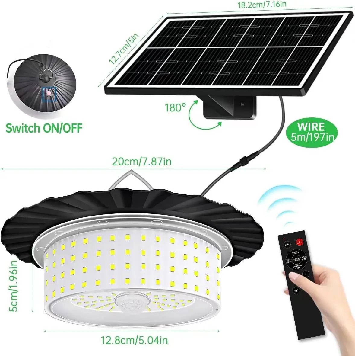 Solar Light Outdoor Motion Sensor Lights, 360° Lighting Waterproof Solar Powered Pendant Light with Remote Control for Home, Shop, Garage, Patio, Yard