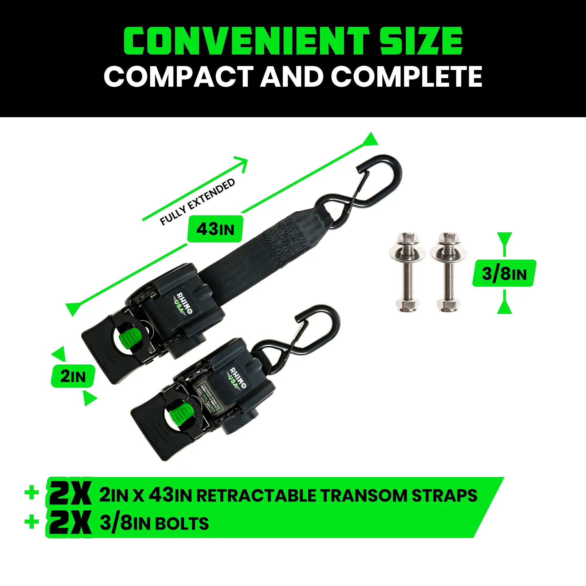 Retractable Boat Trailer Tie Down Straps 2PK – Durable (2in x 43in) Trailer Mount Transom Straps for Boat, Jet Ski – Stainless Steel – Salt Water Compatible